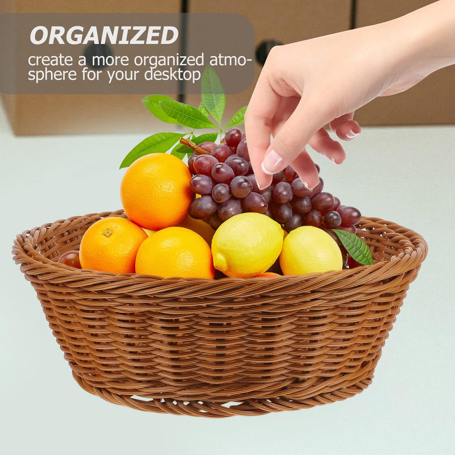 2Pcs Woven Bread and Fruit Baskets, Imitation Rattan Serving Baskets, Oval Poly Wicker for Kitchen, Home, and Restaurant Use
