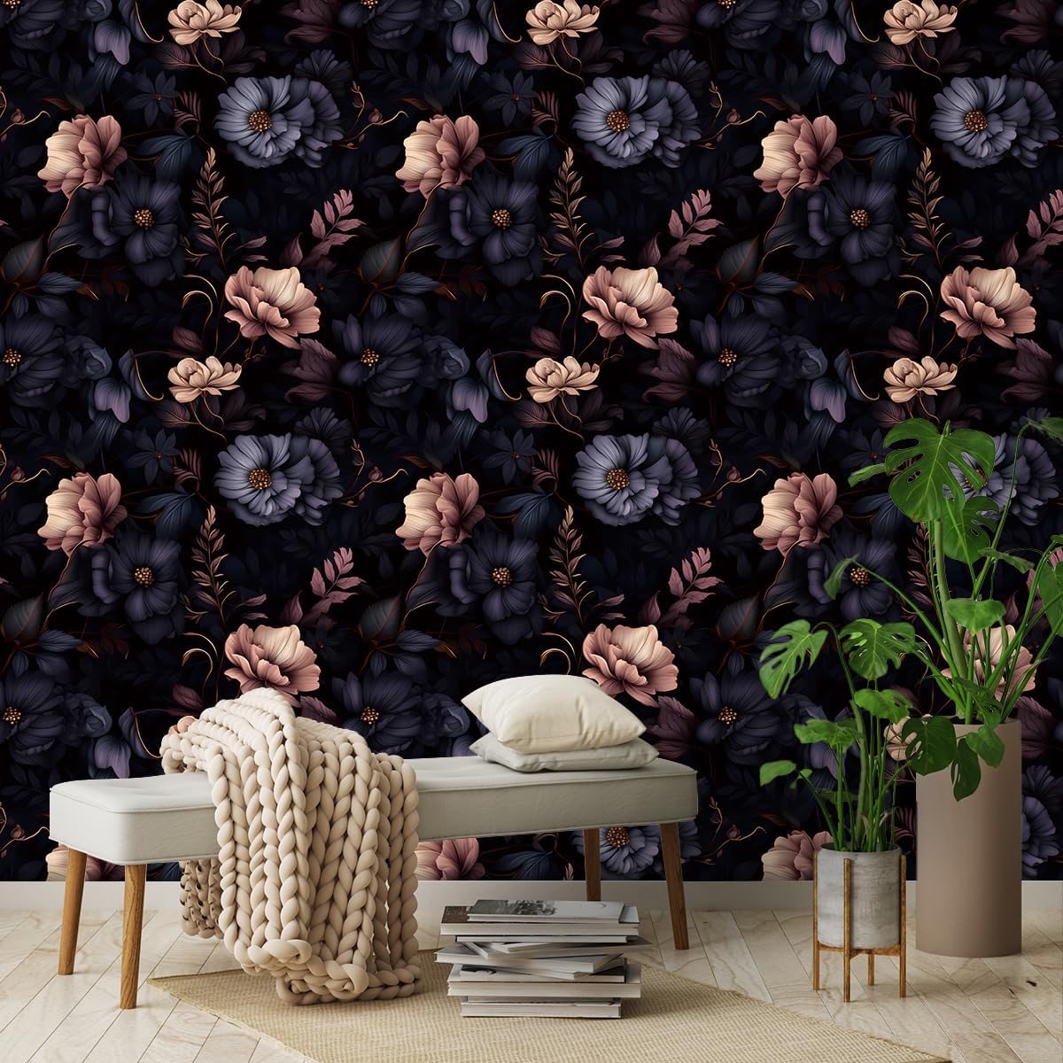 Dark Purple Color Flower Wallpaper 17.71"x118.1" Peel and Stick Wall Paper Waterproof Vinyl Matte Flower Contact Paper for Kitchen Cloak Room Walkway