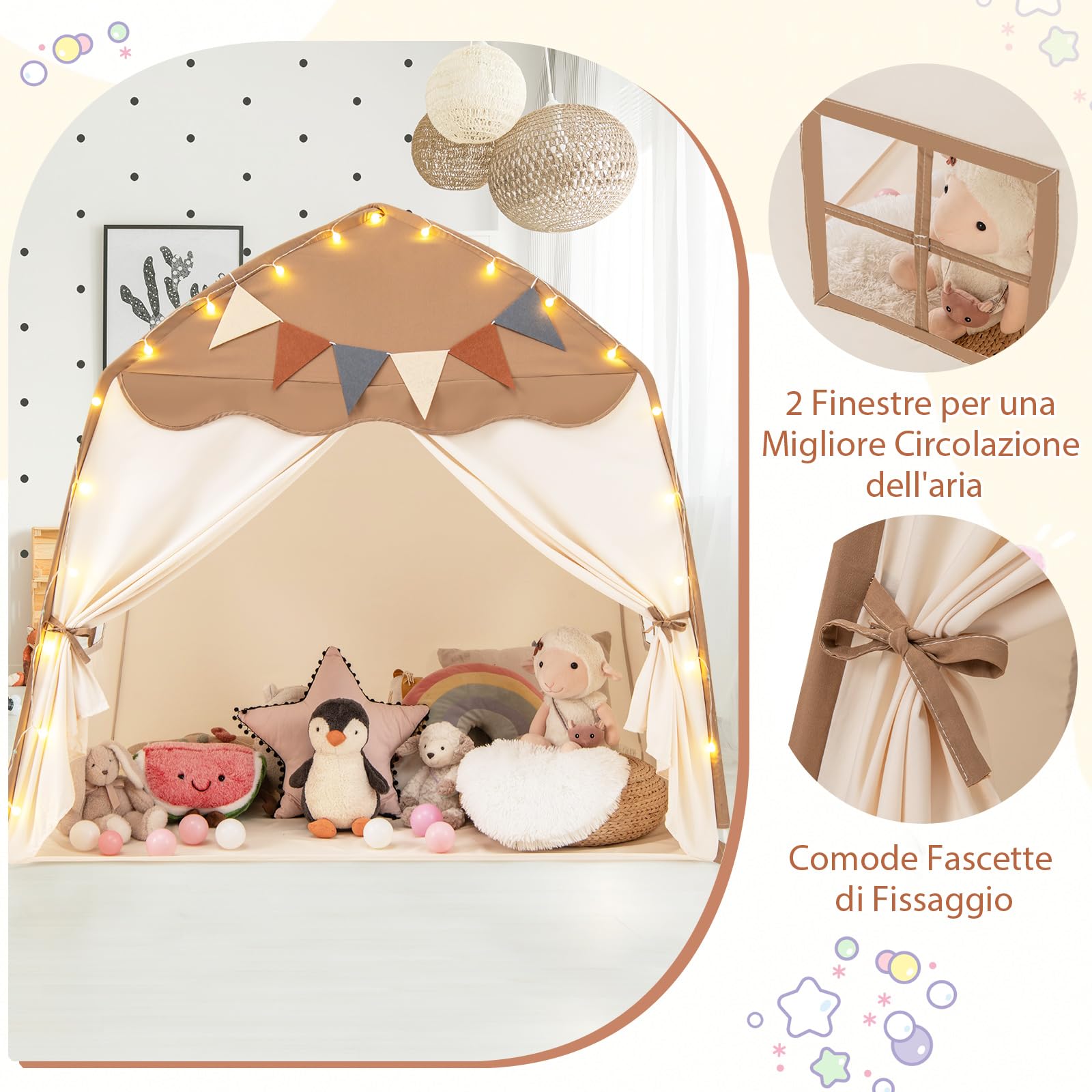 RELAX4LIFE Tenda da Gioco per Bambini fino a 3 Bambini, Tenda Multifunzionale con Luci da 4 m, Bandierine e 2 Finestre Laterali, Tenda Stabile per Giocare e Riposare, 3+Anni (MARRONE)