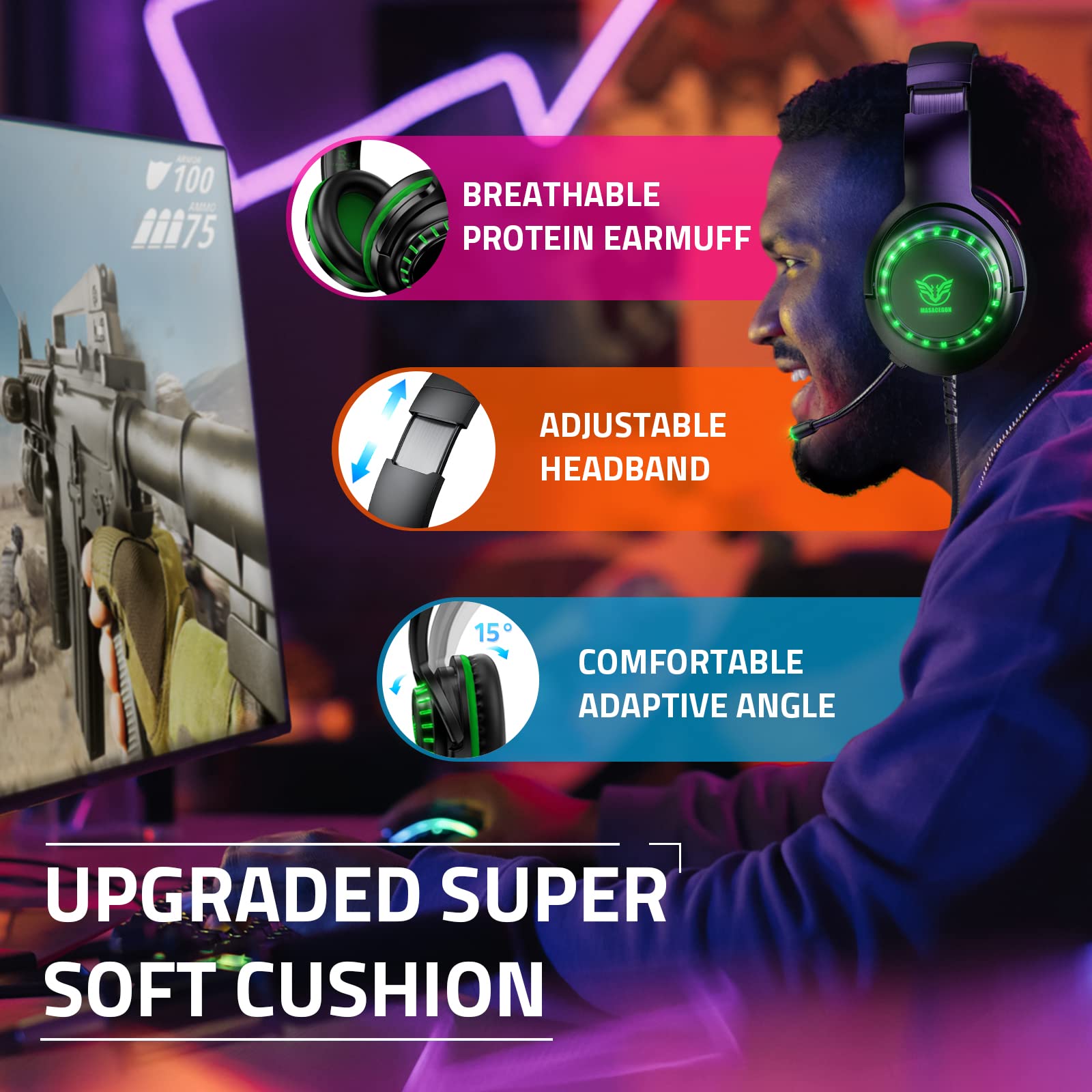 Pacrate Cuffie Gaming Compatibile con Xbox/PS4/PS5/Nintendo Switch/PC, Microfono con Luce LED, Cancellazione del Rumore Cuffie Gamer Stereo Bass Deep, Verde