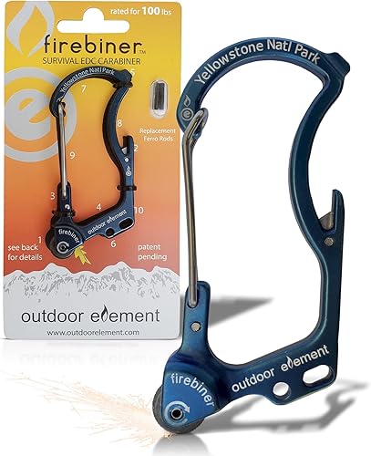 Miniatura 18 de OUTDOOR ELEMENT Firebiner Custom Engraved 6-in-1 Fire Starter Carabiner Multitool – Survival Gear EDC Keychain with Utility Blade, Bottle Opener, GT