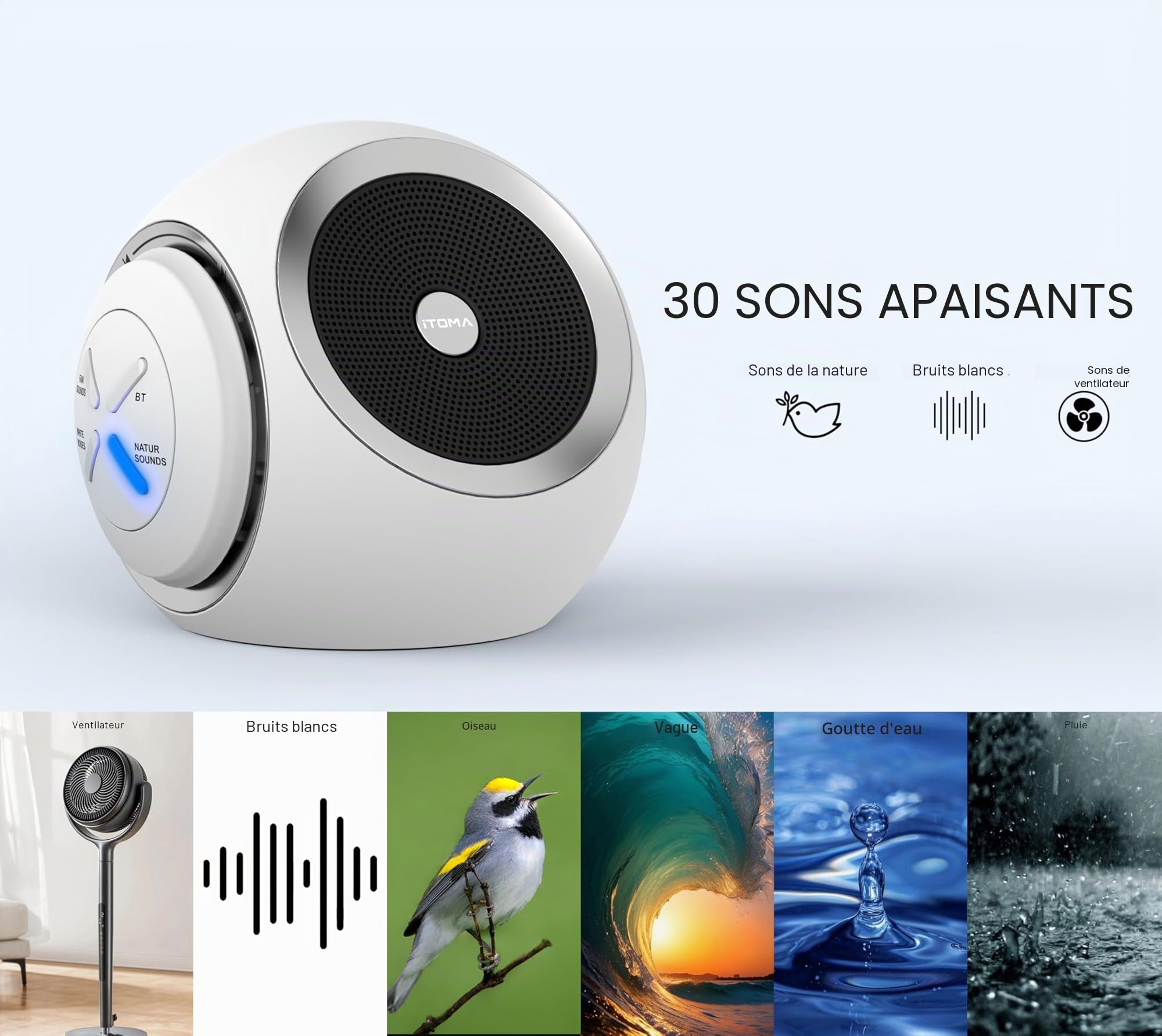 iTOMA 318 Machine à bruit blanc, 30 sons apaisants, Bluetooth, minuterie de sommeil, volume réglable