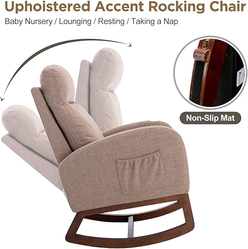 Miniatura 5 de Mecedora moderna, tapizada para guardería, cómoda silla con bolsillo lateral para sala de estar (beige)