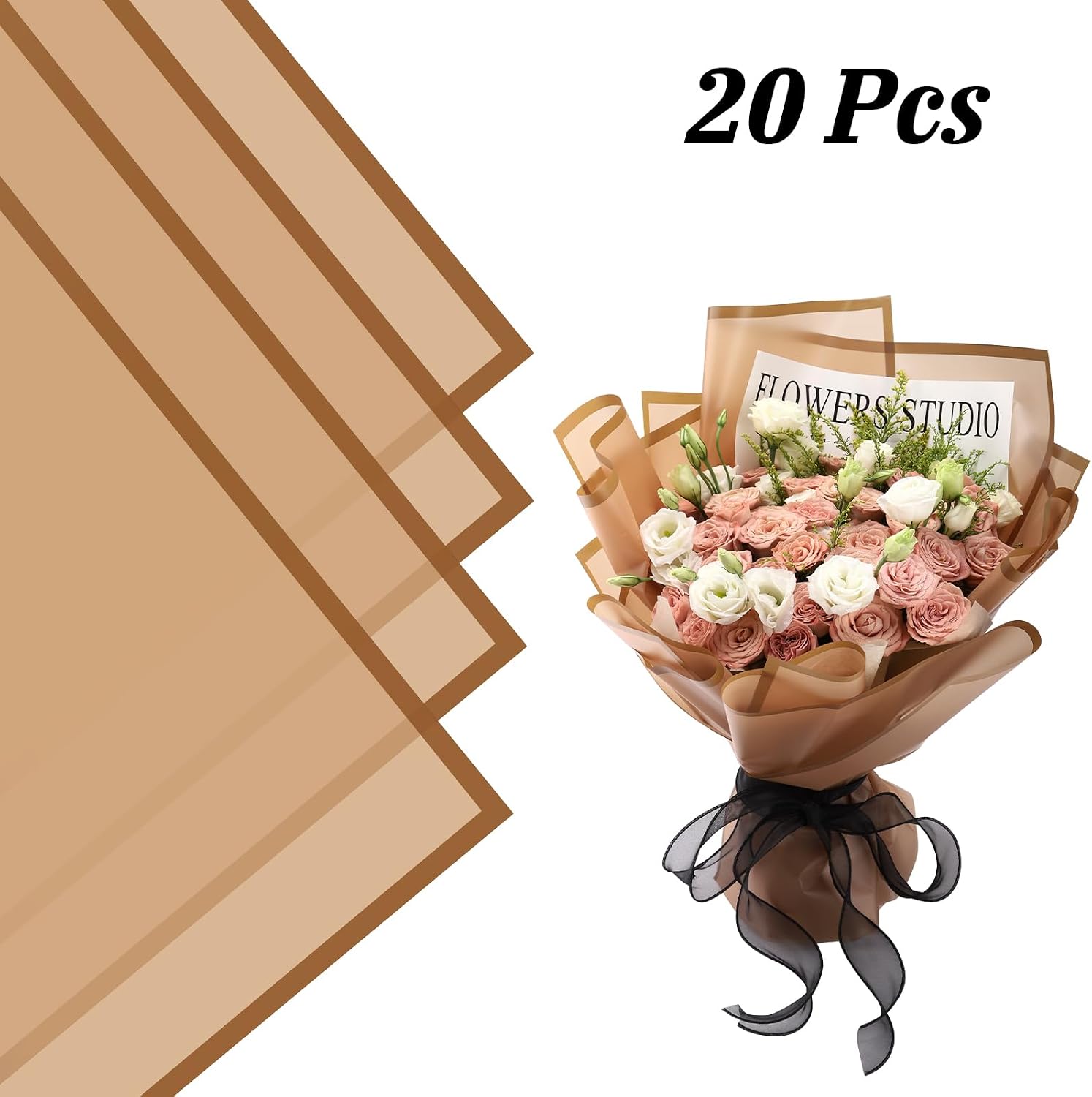Rumvan Flower Wrapping Paper, 20 Sheets, Waterproof, Floral Bouquet Design, for Wedding, Birthday Gift, DIY Florist Supplies (Translucent white) (coffee colour, 20 Sheets) image 4