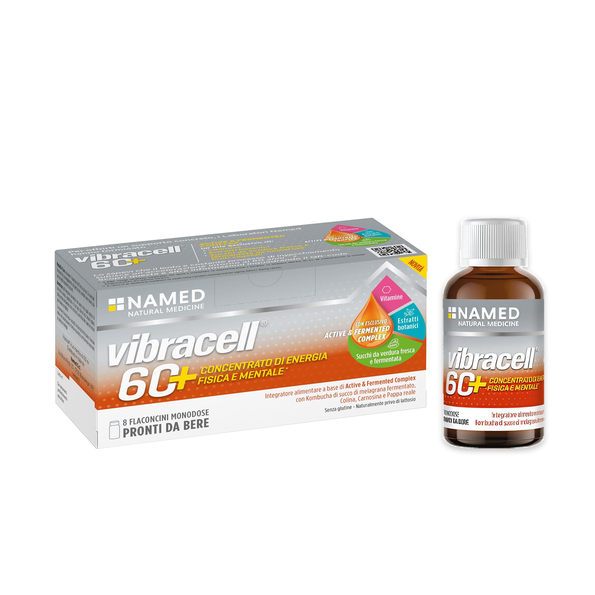 NAMED Vibracell 60 + Integratore Alimentare a Base di Active & Fermented Complex con Kombucha di Succo di Melagrana Fermentato, Colina, Carnosina e Pappa Reale | Energia Adulti | 8 Flaconi 15ml