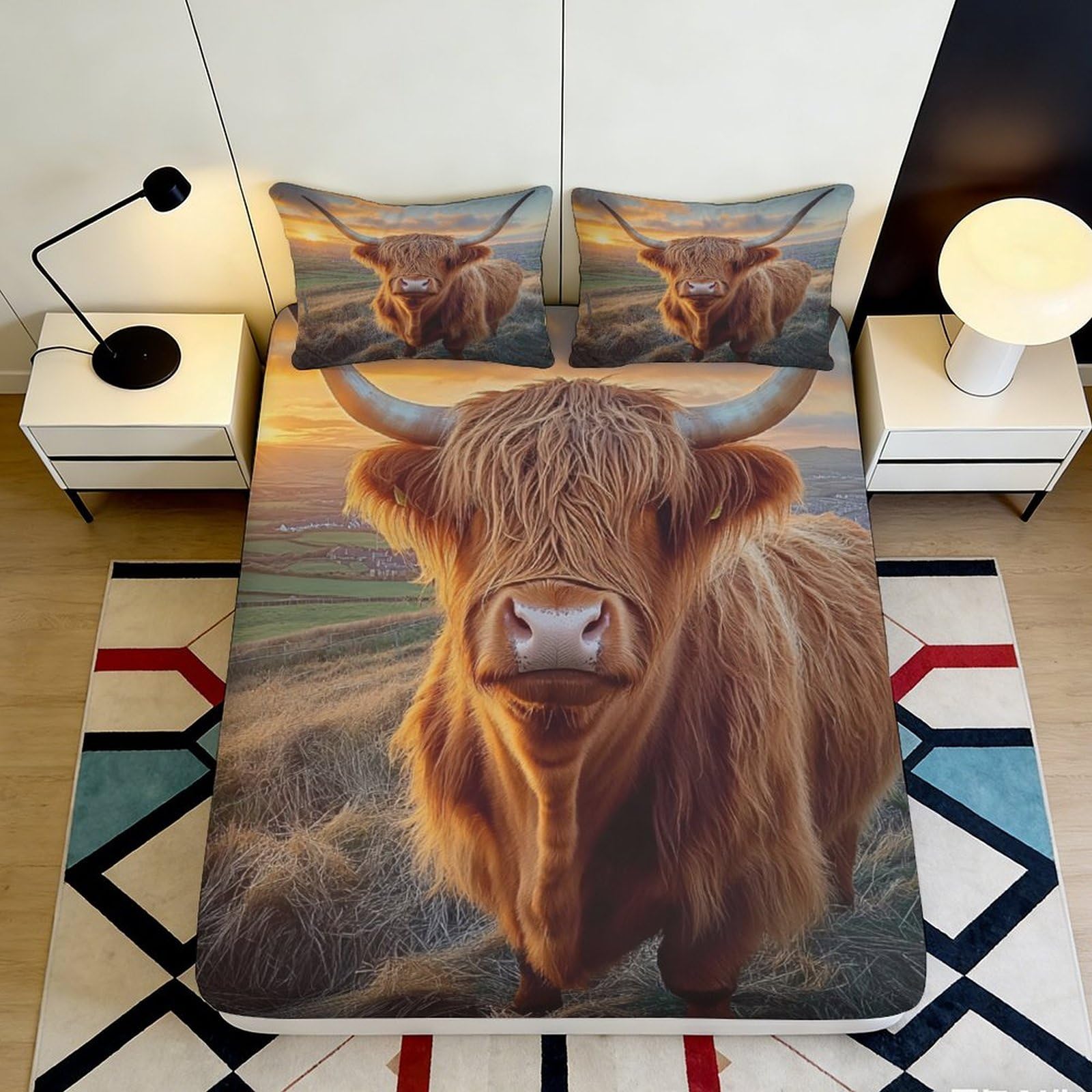 3D Printed Highland Cow Fitted Sheet Microfiber Soft Brown Animal Sunrise Bed Cover for Bedroom Guestroom Mattress Protection 90x200x25cm