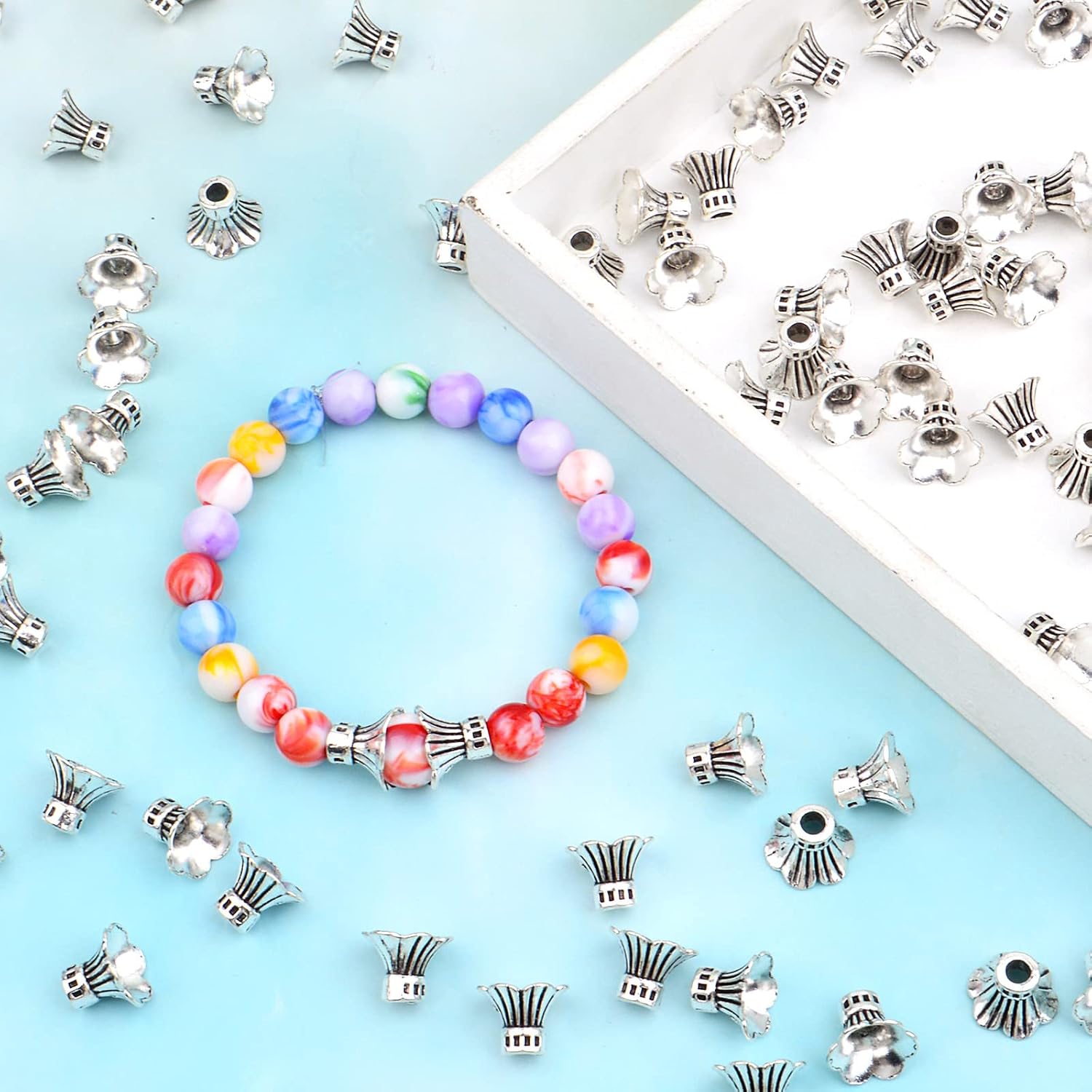 100pcs Tibetan Silver Flower Bead Caps Vintage Alloy Tassel Ends PETAL Spacer Bead Ends for DIY Jewelry Making Craft Supplies Decor, 11 mm × 8.5 mm