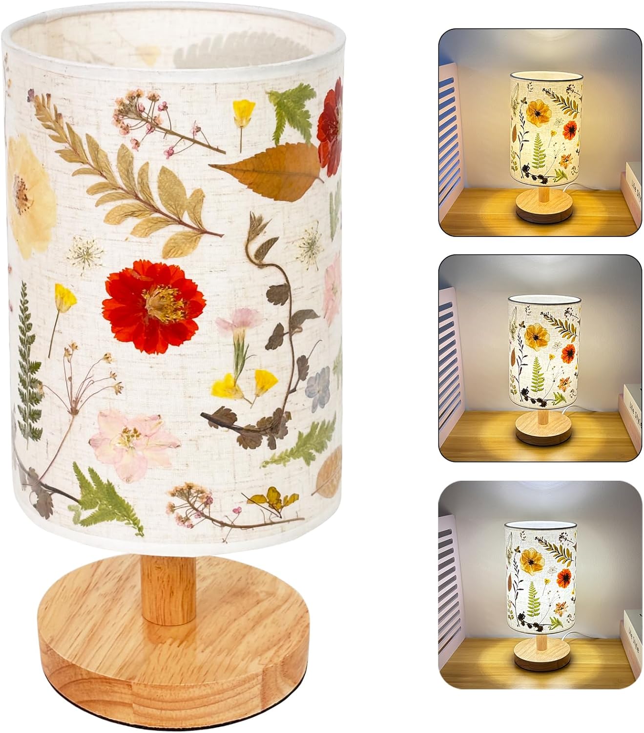 Dried Flowers Table Lamp, Vintage Floral Beside Lamp,5w Led 3-Color Cute Linen Shade Desk Lamp for Bedroom Office Nursery with Wood Base