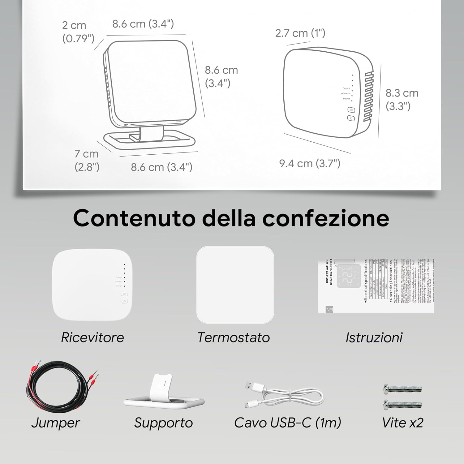 Contents of the Vaconoff Wireless Smart Thermostat package including thermostat, receiver, cables, stand, screws, and manual.