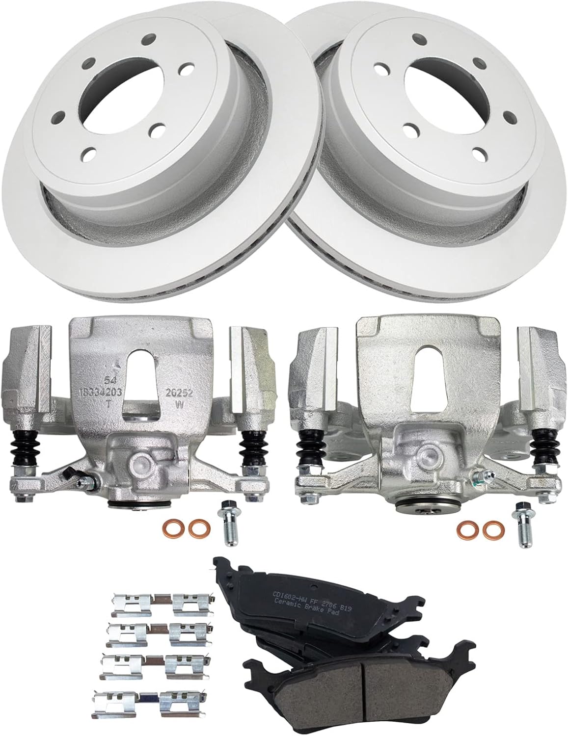 TRQ Rear Brake Pad & Rotor Kit Brake Caliper Brake Pads Brake Rotor Ceramic Vented Premium G-Coated Compatible with 2015-2018 Ford F-150