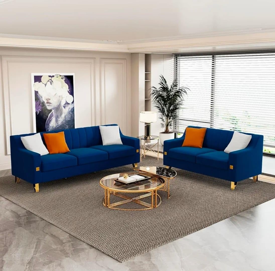 A to Z Furniture Classic Seater Sofa Set Luxury Chesterfield Leatherette Sofa in for Home Living Room & Office Stainless Steel Legs (Blue, 3+2 Seater)