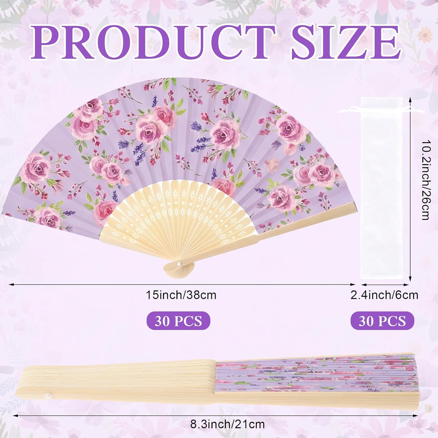 RattanView 30 Pcs Flower Tea Party Folding Hand Fan Bulk with Organza Bag Wedding Party Favor for Guests Floral Foldable Handheld Paper Fan for Bridal Shower Birthday Parties Supplies Decor Gift