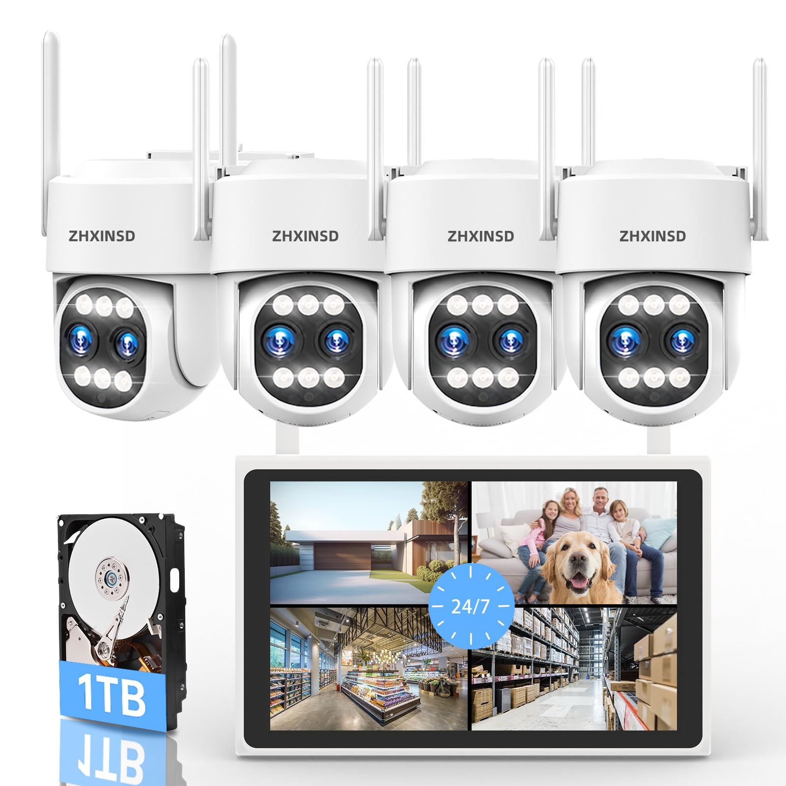 ZHXINSD 4K Security Camera System Wireless, Dual Lens 4MP+4MP 10X Zoom 2.4G/5G PTZ Cameras for Outdoor Home Security, Auto Tracking, 10” Monitor NVR