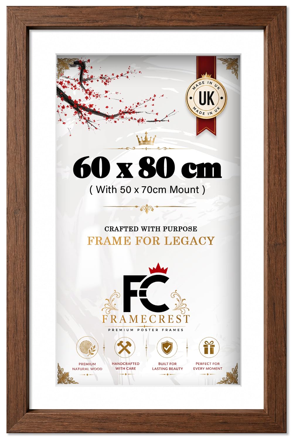 FRAMECREST LTD - Large Wall Photo Display (60 x 80 cm) With White Matted Mount (70 x 50 cm), Poster And Matted Picture Frame For Living Room Or Office, Landscape Or Portrait - [Dark Oak]
