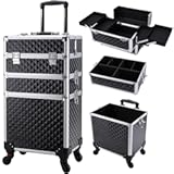 FRENESSA 3 in 1 Rolling Makeup Train Case Professional Cosmetic Trolley Large Storage with Keys Swivel Wheels Salon Barber Case Traveling Cart Trunk for Make Up Hairstylists Nail Tech&comma; Vintage Black