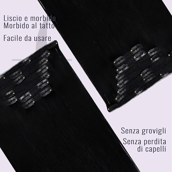 Fshine Extension Capelli Veri Clip 55 cm 120 g Extension Clip Capelli Veri Nero Intenso Lisci Umani 7pcs Extensions con Clips Soave Invisibile Colore 1 - 4