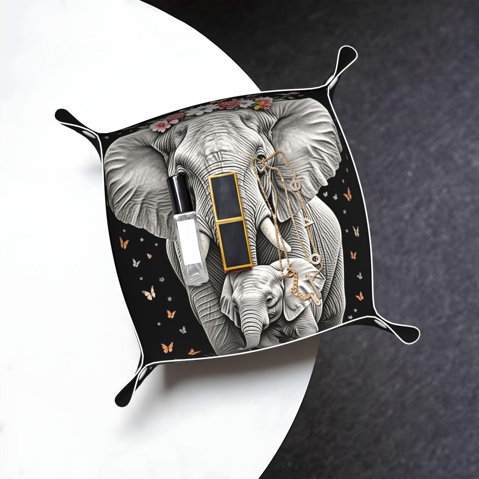 Cute Elephant Valet Tray Organizer Pu Leather Travel Catchall Tray Organizer Portable Jewelry Tray Storage Keys Tray for Entryway Table Coins Watches Candy