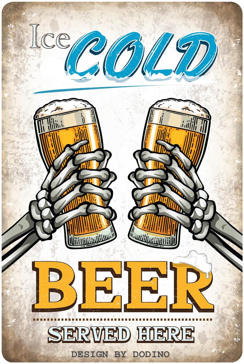 DODINO 20 x 30 cm Tin Signs Ice Cold Beer Serviced Here, Decorative Home Accessory, Beer Sign, Decorative Metal Sign for All Bar Counter or Pub Owners