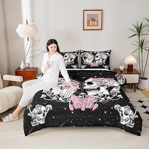 Juego de edredón de calavera y mariposa, tamaño individual, edredón acolchado con hongos rosados, gótico, galaxia, estrellado, luna, juego de ropa