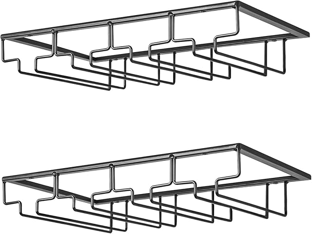 defway Wine Glass Rack - Under Cabinet Stemware Rack, Hanging Wine Glass Holder 2 Pack for Kitchen Bar Pub 4 Rows Black