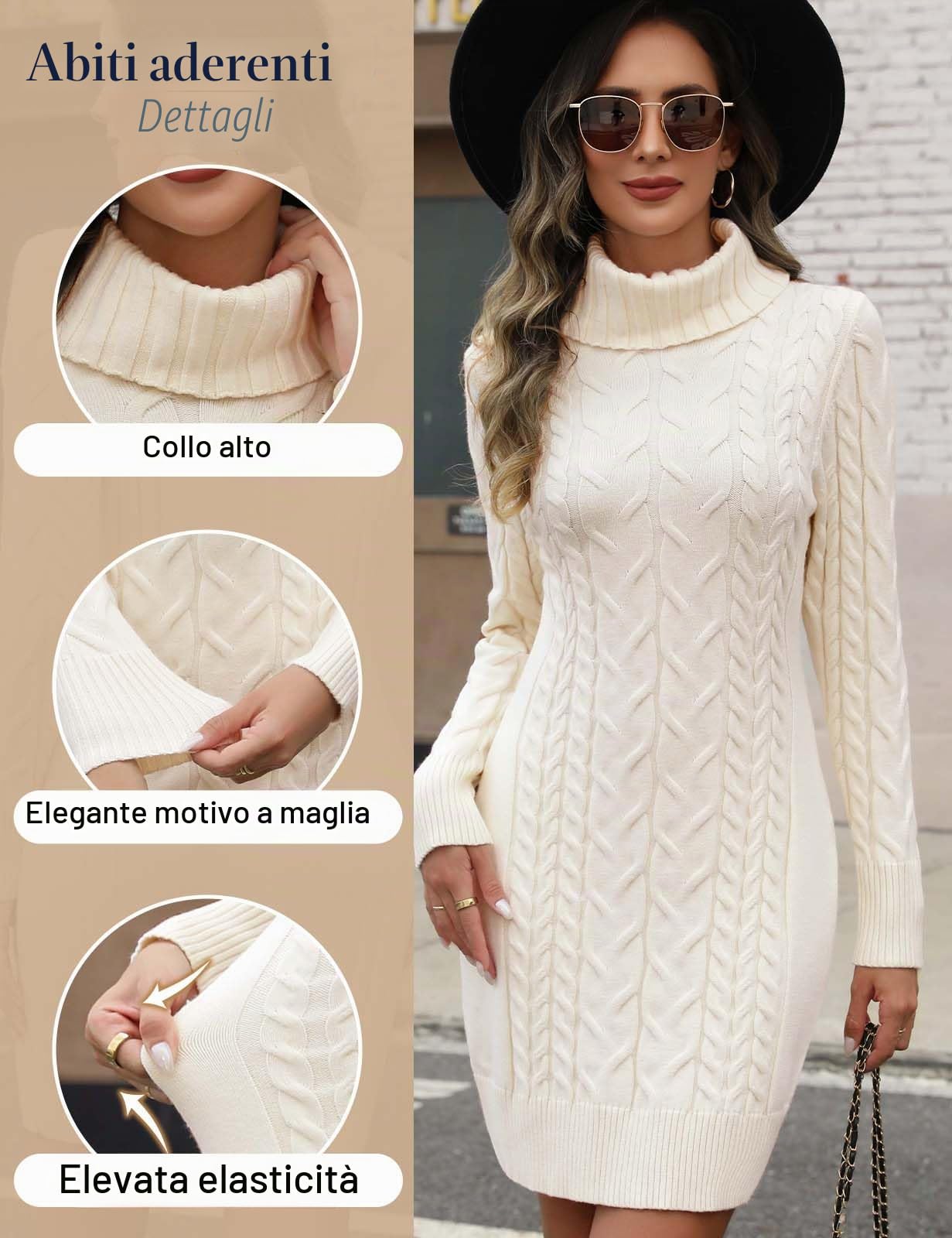 Vestito Maglione Donna Elegante Invernali Vestiti in Maglia Abito Slim Aderente a Maniche Lunghe Collo Alto Elasticizzato Tinta Unita Treccia Ritorta Autunno e Inverno