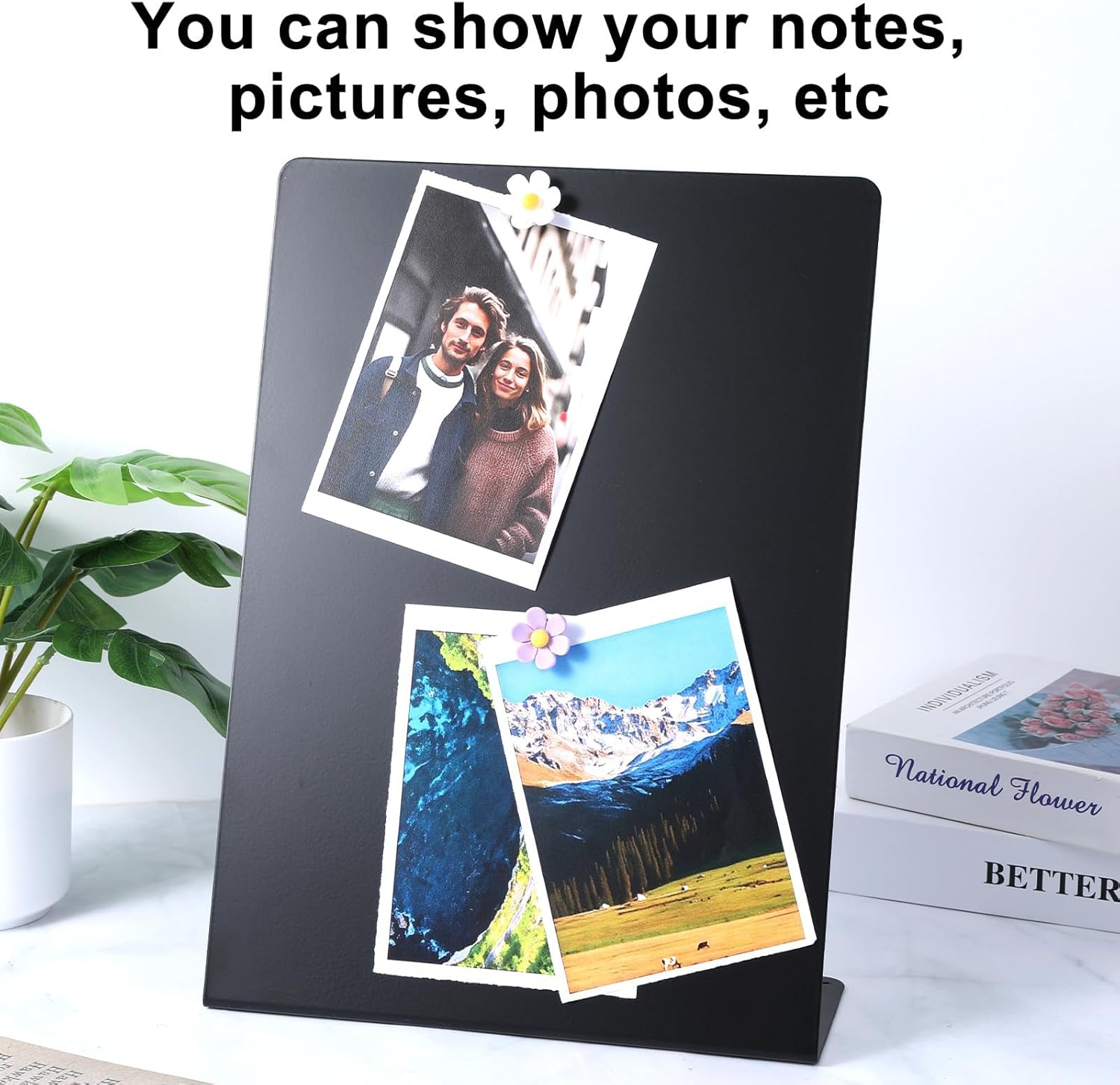 2 Pack Magnet Display Board 10×14 Inch Black Metal Memo Bulletin Board with Easel Stand, 2 Magnetic Pen Holders & 4 Flower Magnets Tabletop Souvenir Board for Home Kitchen School Office Supplies