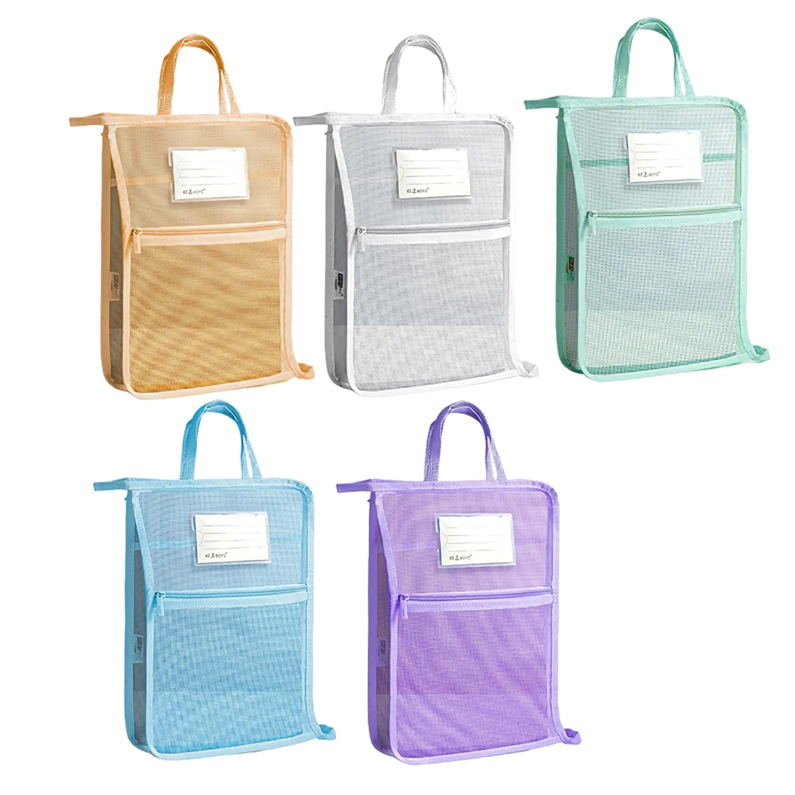 Lote de 5 bolsas para documentos en forma de L con asa, de gran apertura, organizadores de malla con cremallera para material escolar, 33,5 x 25 x 6 cm, bolsa transparente para exámenes de estudiantes