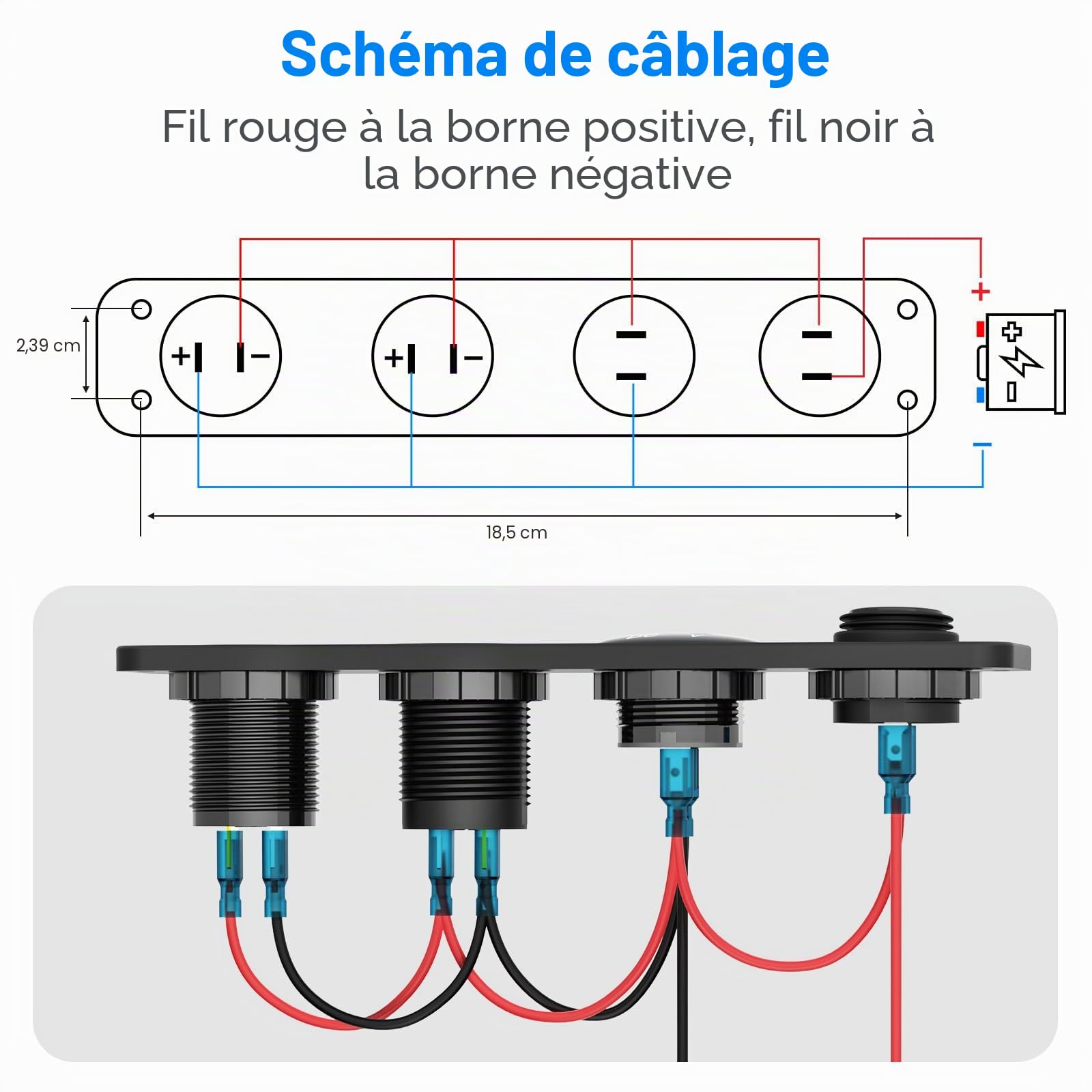 Prise USB 12V Panneau d'interrupteur Marin, Chargeur USB Double PD3.0 en Aluminium pour Voiture, Prise Allume-Cigarette 150W éclairée, Voltmètre LED Bleu et Interrupteur à Bascule Kit de Bricolage