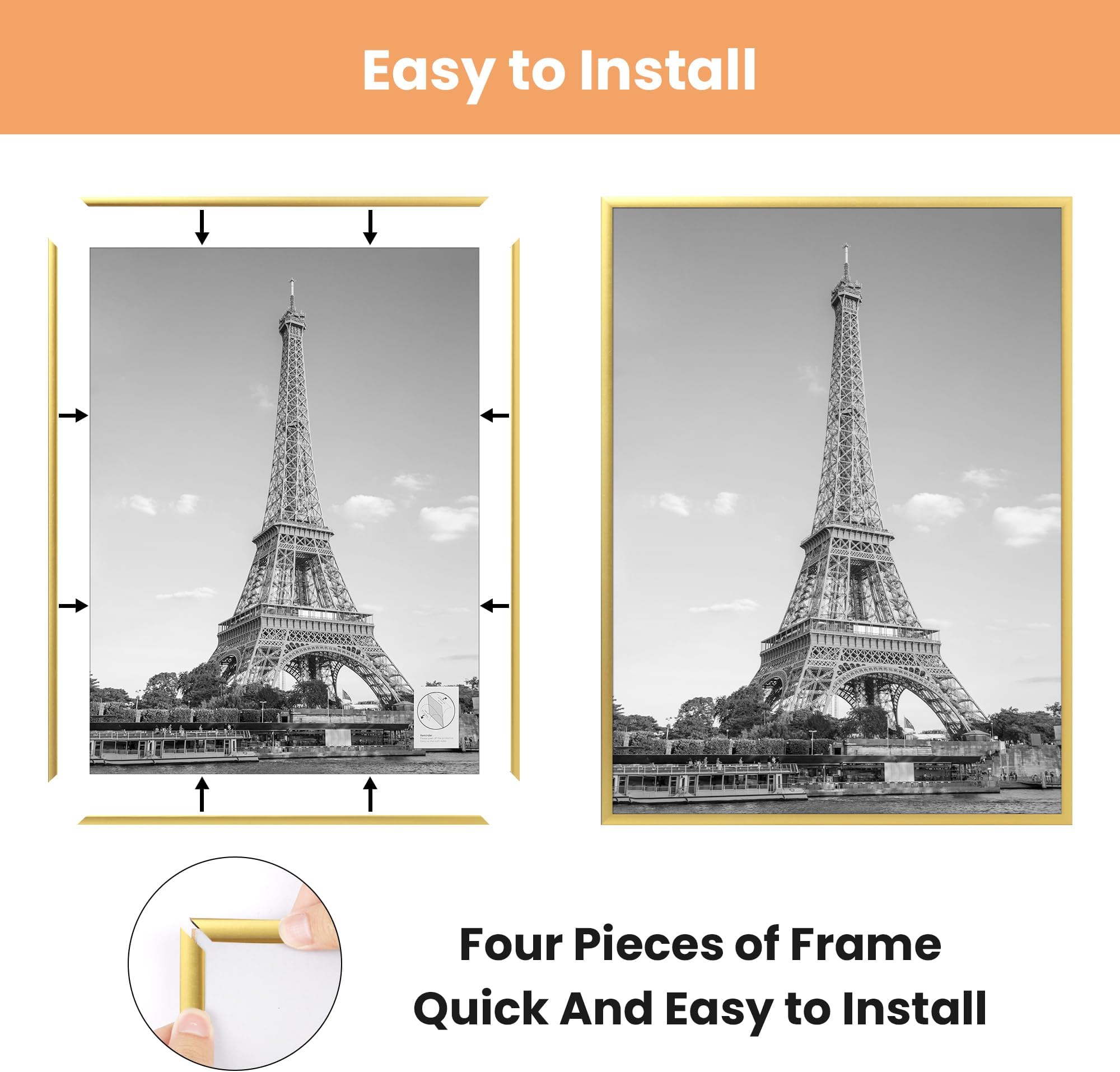 upsimples 12x16 Frame Gold 3 Pack, Picture Frames 12 x 16 for Horizontal or Vertical Wall Mounting, Scratch-Proof Wall Gallery Poster Frame