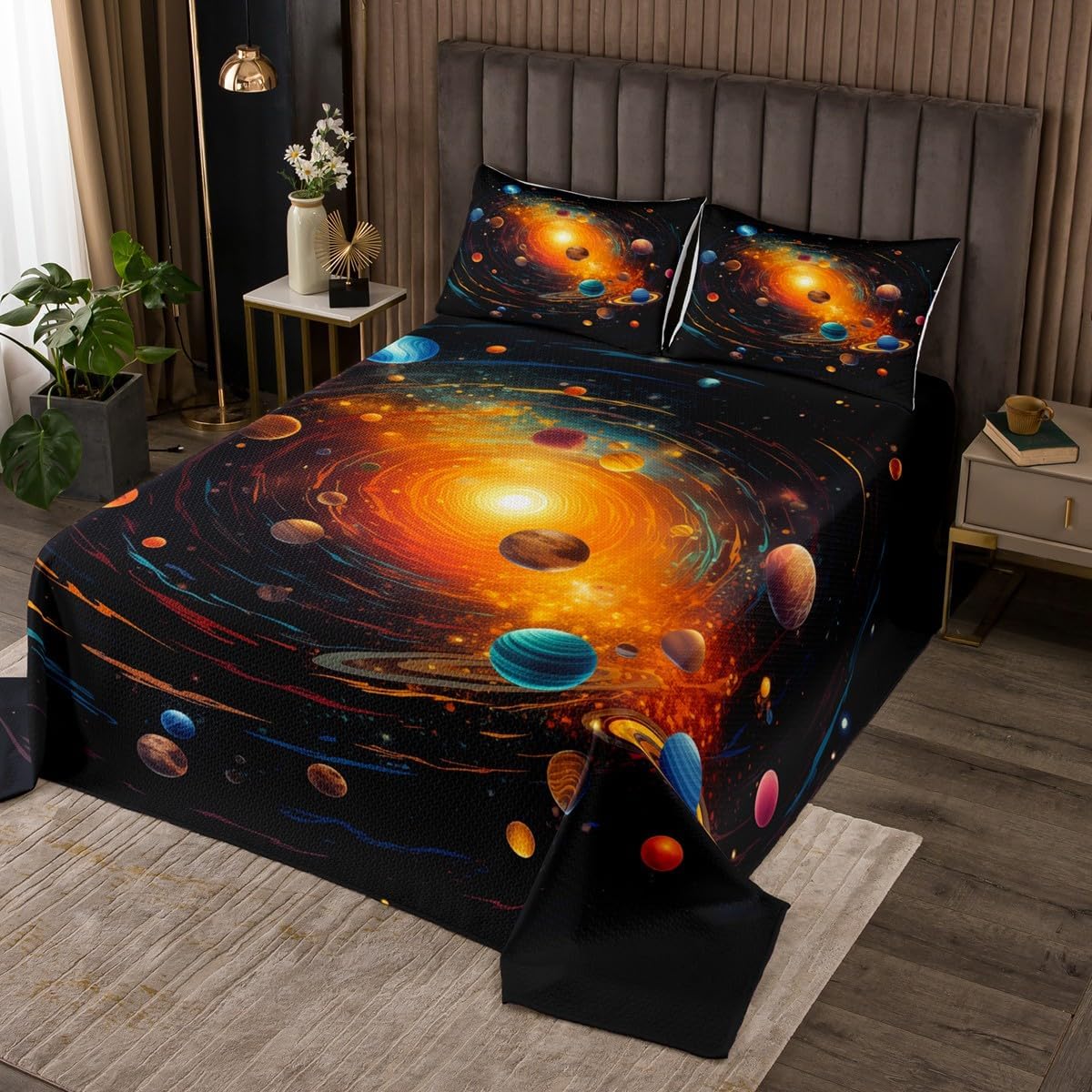 Homewish Outer Space Bedspread Twin Size,Universe Planet Bedding Set for Kids Boys Girls Room Decor,Stars Galaxy Solar System Coverlet Set 2Pcs,Orange Swirl Modern Fashion Quilt,1 Pillowcase