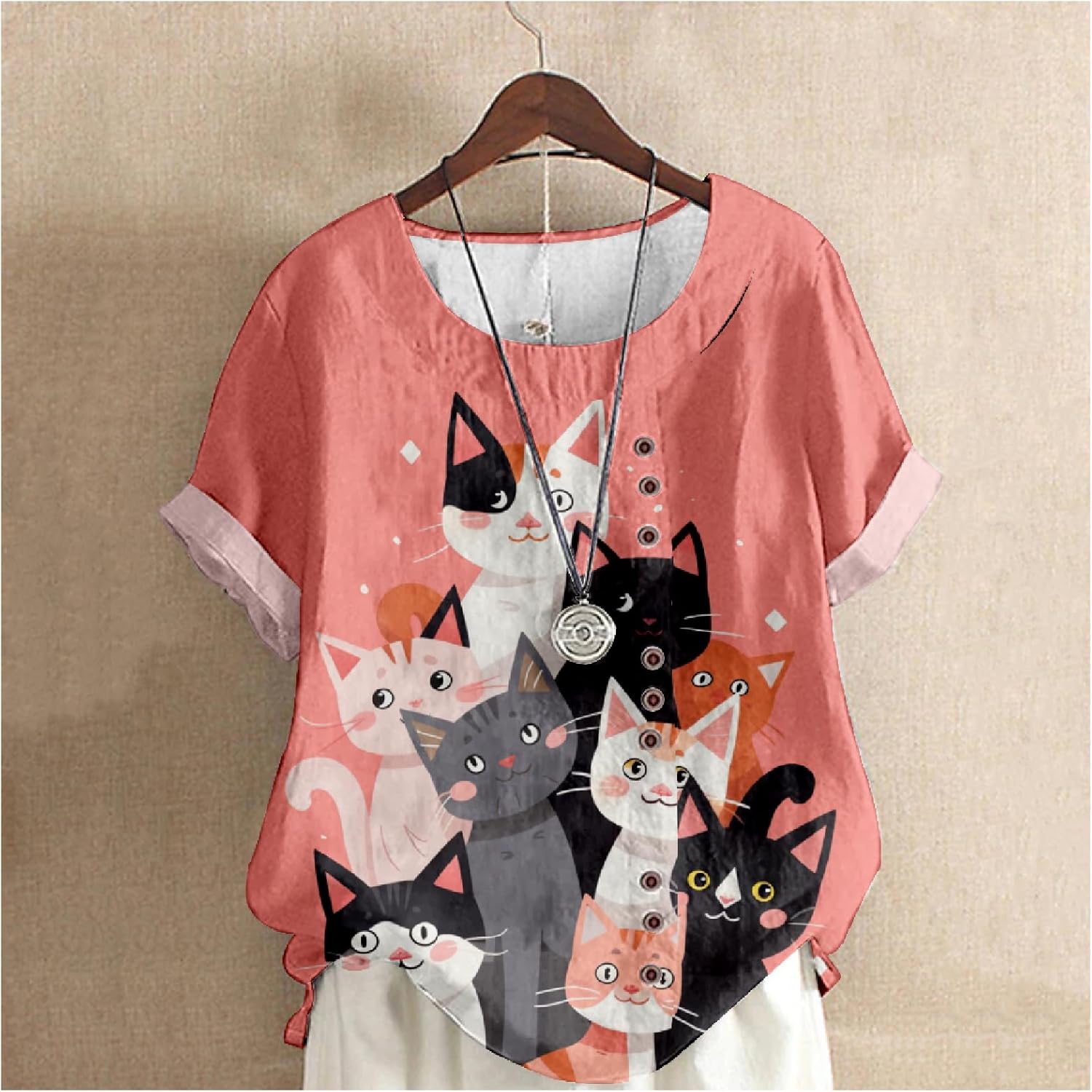 Summer Tops for Womens Cute Cat Print Short Sleeve Blouses Crewneck Lightweight Casual Lounge Japanese Art Tops - Image 2