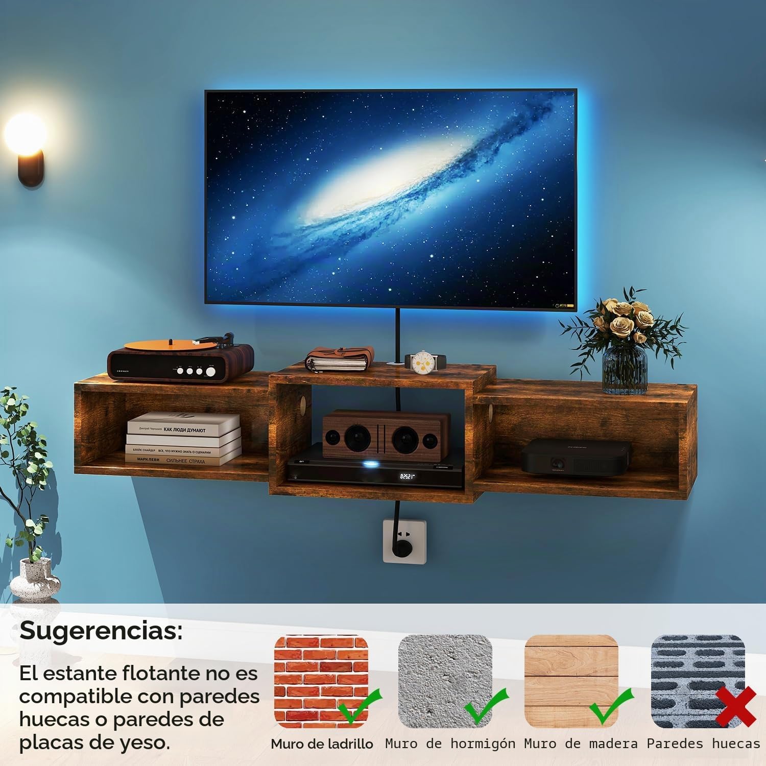 IBUYKE Flotante Mueble de TV Montado en La Pared, Mesa Televisión Multimedia de Madera para, Mueble Flotante para TV Debajo del Televisor para Salón, Dormitorio u Oficina, Marrón WST013H