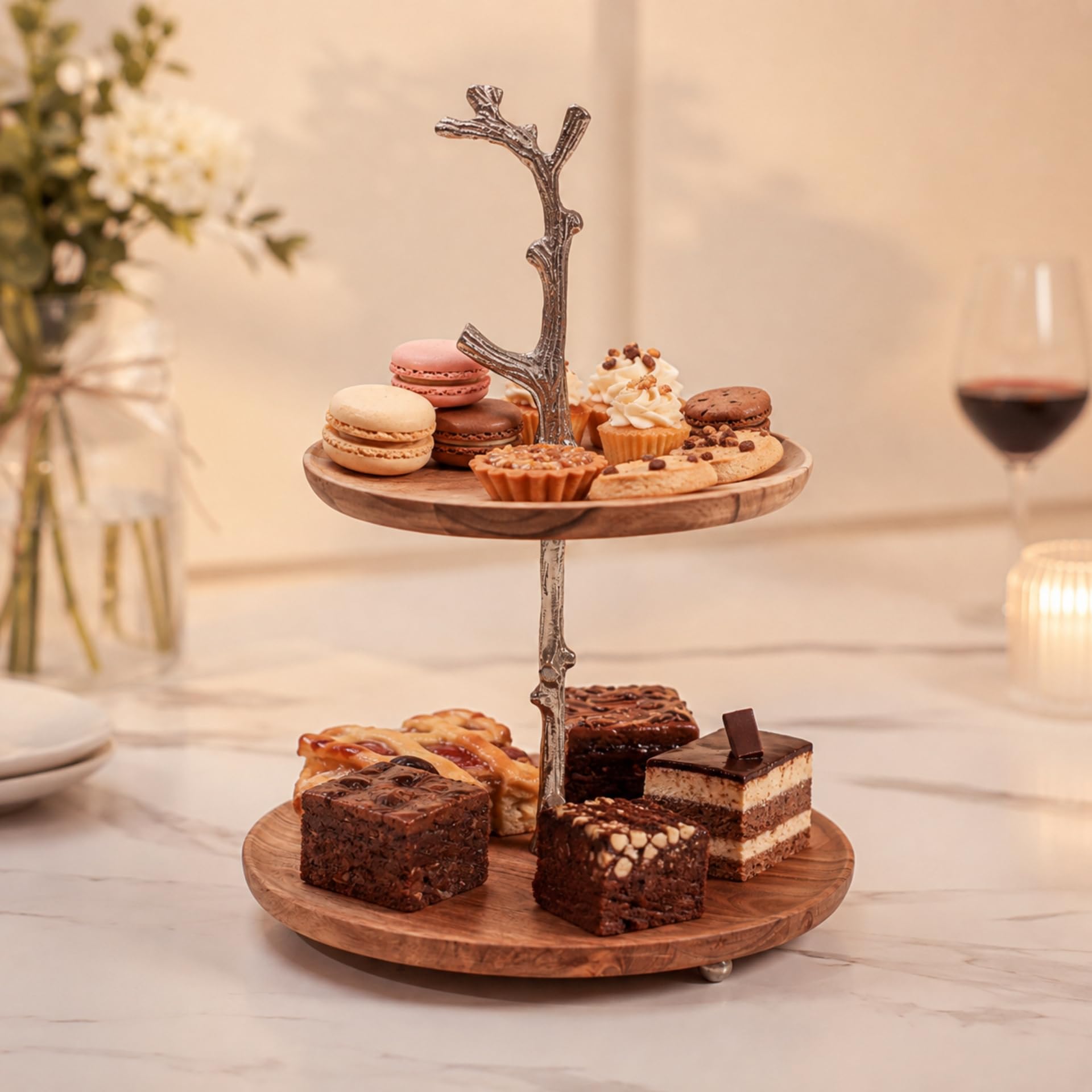 Arcella 2-Tier Serving Stand - Acacia Wood & Metal -9