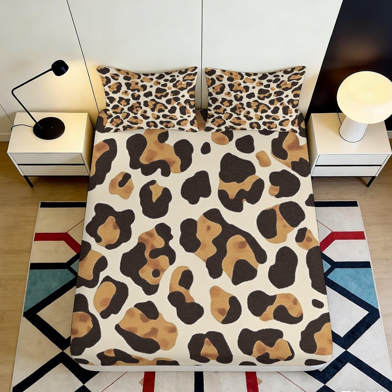 3D Printed Leopard Spots Fitted Sheet Microfiber Non-Slip Bed Sheet Animal Pattern Decor for Bedroom Dorm Guest Room 90x200x25cm