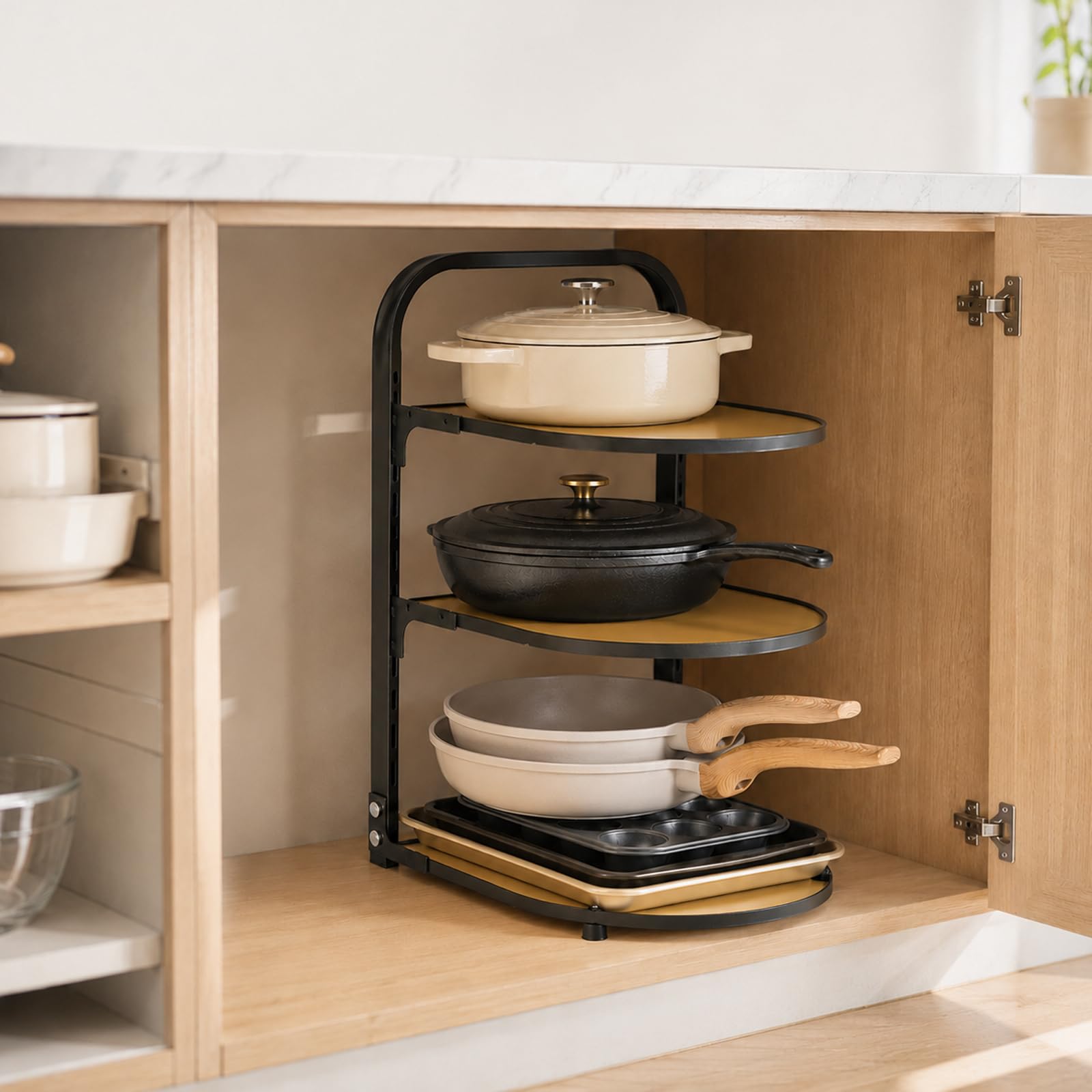 Organizador de sartenes para cocina, estante de cocina, sartén de cocina, estante de almacenamiento escalonado, estante de almacenamiento de 3 niveles ajustable para armario