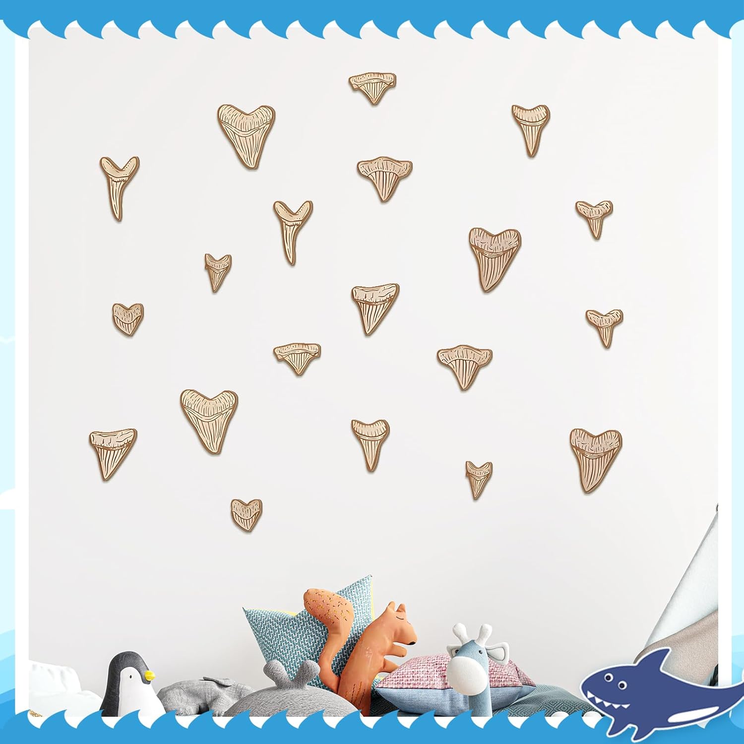 RattanView 20 Pcs Wooden Shark Teeth Nursery Wall Decor Shark Tooth Wall Art Baby Room Nursery Decor Megalodon Beach House Decoration for Boys Kids Room Bathroom Bedroom Lover Gift