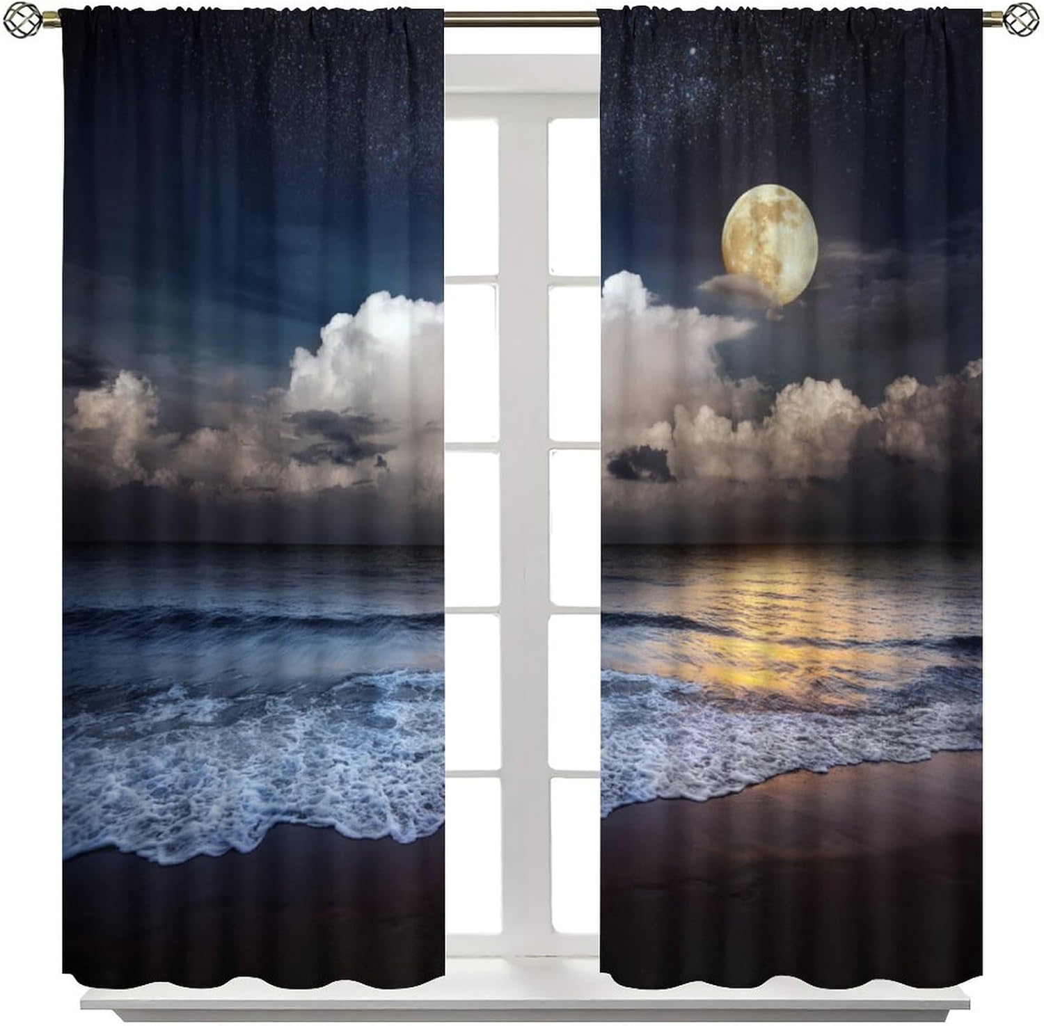 Beach Blackout Curtains，Tropical Sea Moon Clouds Night Black Scene Pattern Drapes Window 2 Panel Rod Pocket Curtain for Bedroom Living Room Decor 21" W X 45" L