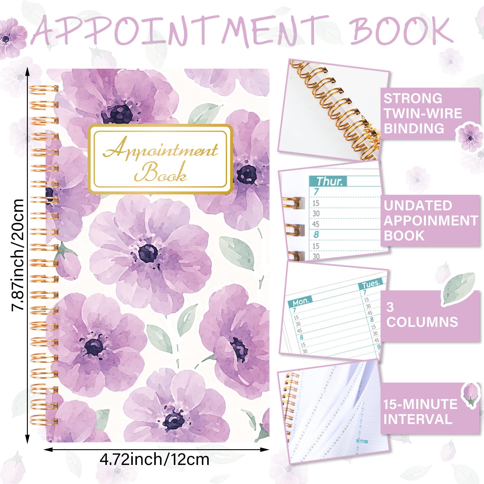ReliThick Salon-Terminkalender, 12 x 20 cm, 2025, Taschen-Wochenplaner, Mini-Größe, Blumen-Kalender, Terminbuch, 108 Seiten, 53 Wochen, für Frauen, Arbeit, Geschäft (lila Blumenmuster)