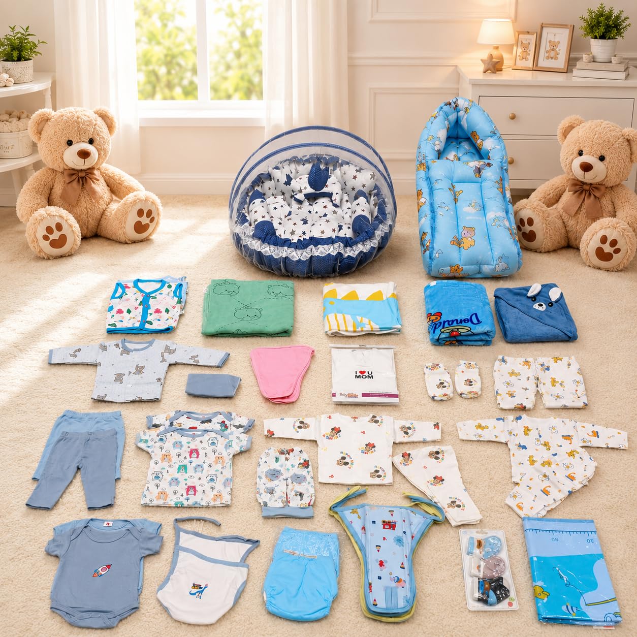 BABY STATION 55 in 1 Premium Newborn Baby Hospital Kit Combo | Baby Bedding Essentials | Soft Cotton Baby Gift Set | Multicolor | 0-6 Months (Pack of 55)-image-18