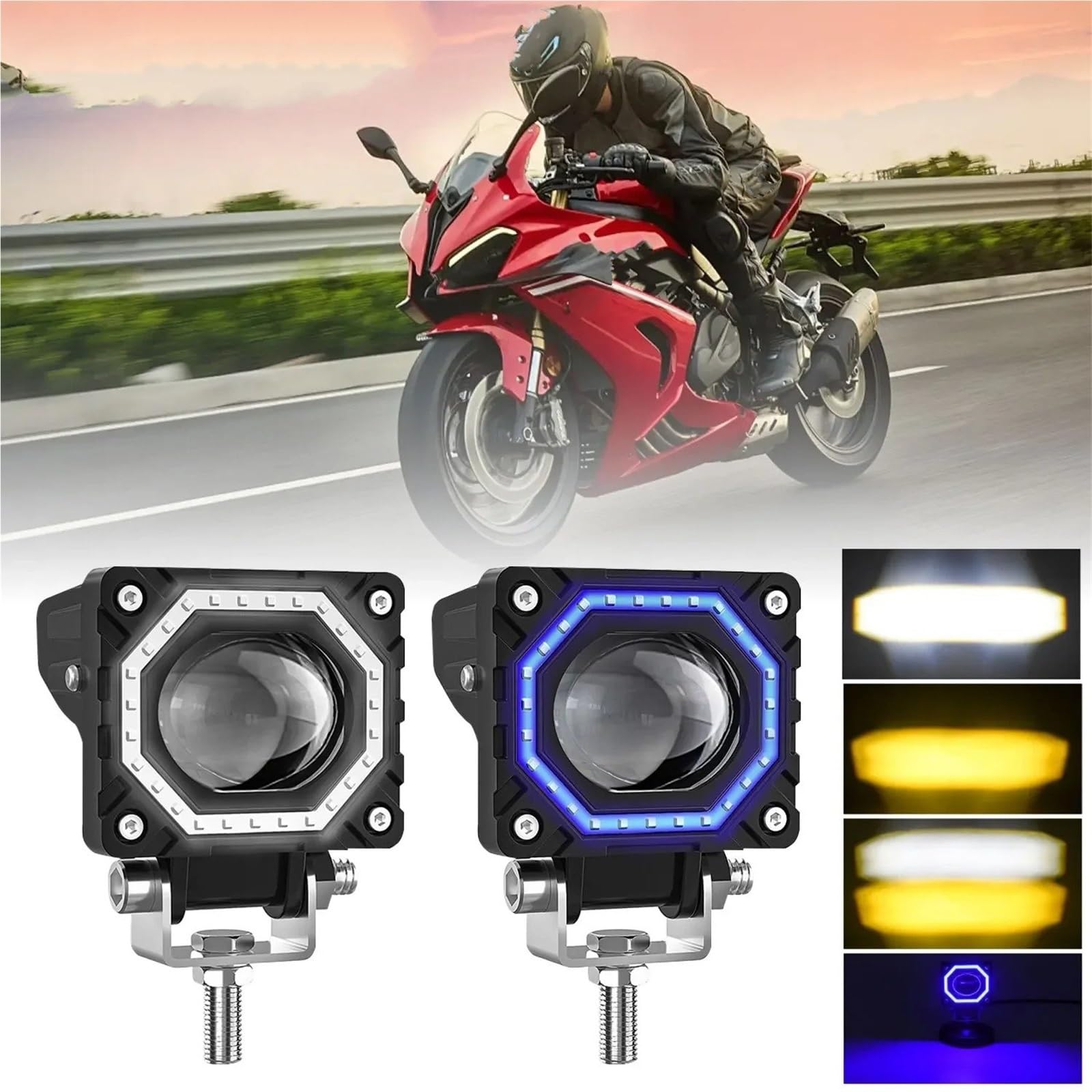 Moto Fari Stradali Spot Light Beam Per Motocicletta S14 Square Running Light 14000LM LED Spotlight 8000K DRL Blue Angel Eyes 140W Luce Di Lavoro Ausiliaria