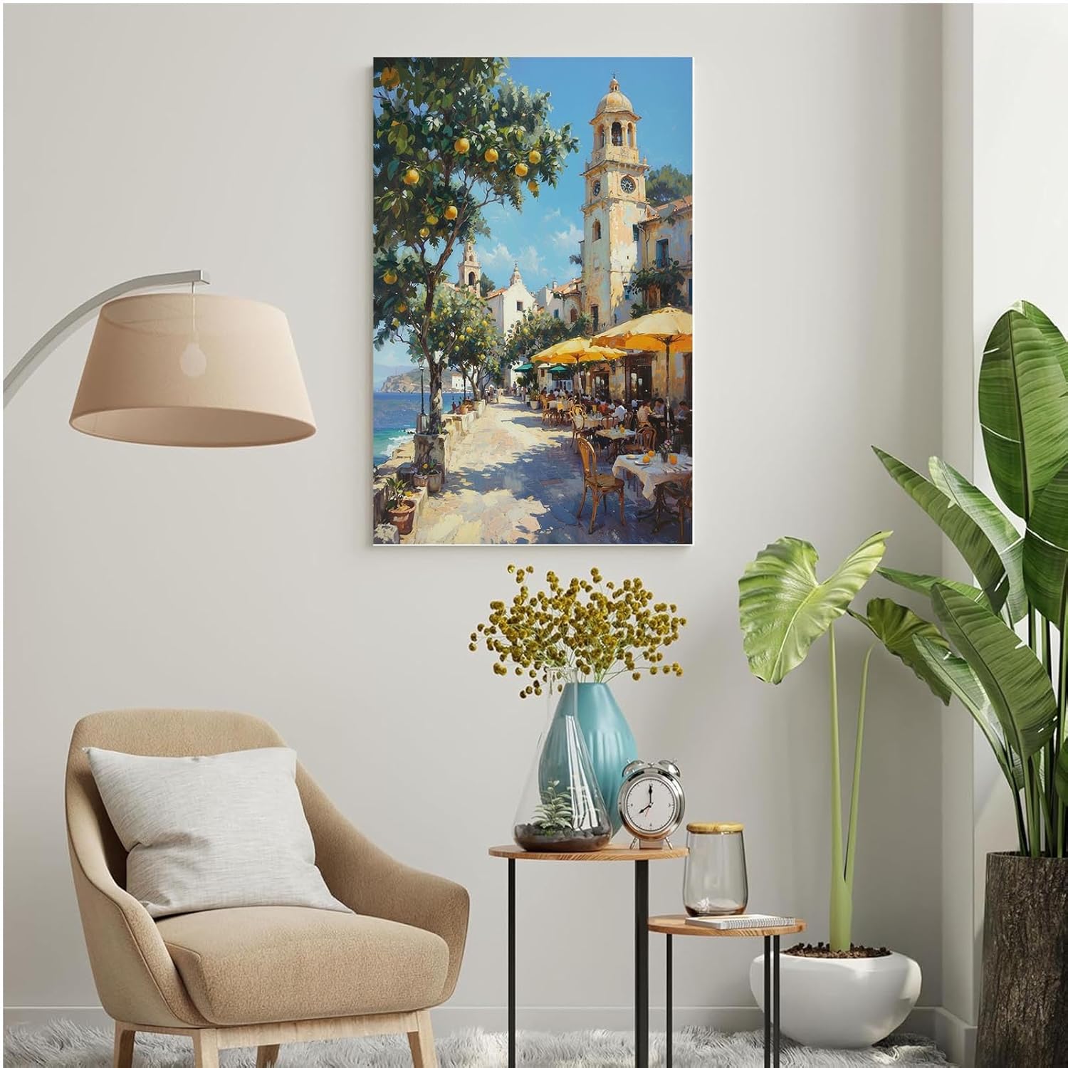 Mediterranean street scene canvas painting clock tower lemon tree cobblestone walkway outdoor restaurant yellow parasol turquoise waters coast landscape texture brushstroke wall art decoration