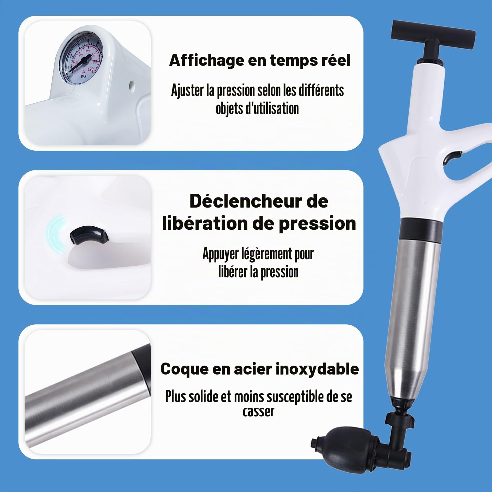 Déboucheur de Toilette, Deboucheur Canalisation Haute Pression avec Baromètre, Ventouse Deboucheur WC avec 4 Têtes Remplaçables pour Déboucher les Toilettes, Lavabo, Baignoire, Drain de Sol