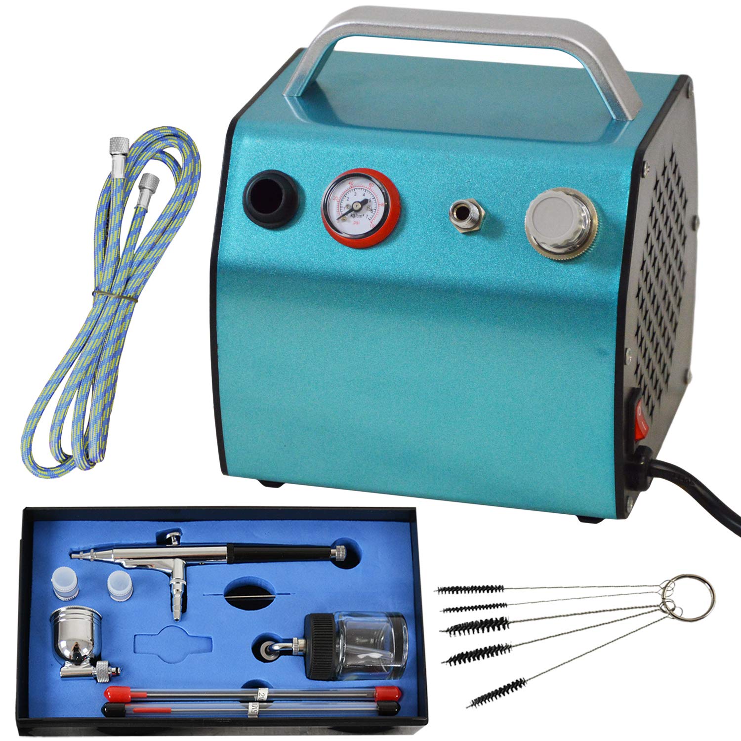Kit PROFIBUS AERÓGRAFO KOMPRESSOR SET COMPACT II con compresor aerógrafo muy débil y universal aerógrafo de doble acción incl. 3 boquilla + agujas + Gravedad + vidrio y manguera de aire comprimido