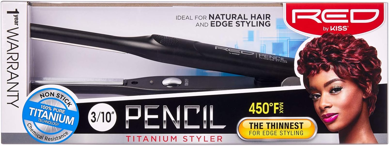 RED by KISS Titanium Styler Pencil Flat Iron 3/10" โ Ultra-Precise Edge & Pixie Cut Styling, 450ยฐF Max Heat, Frizz-Free, Instant Temperature Control, Professional & Home Use