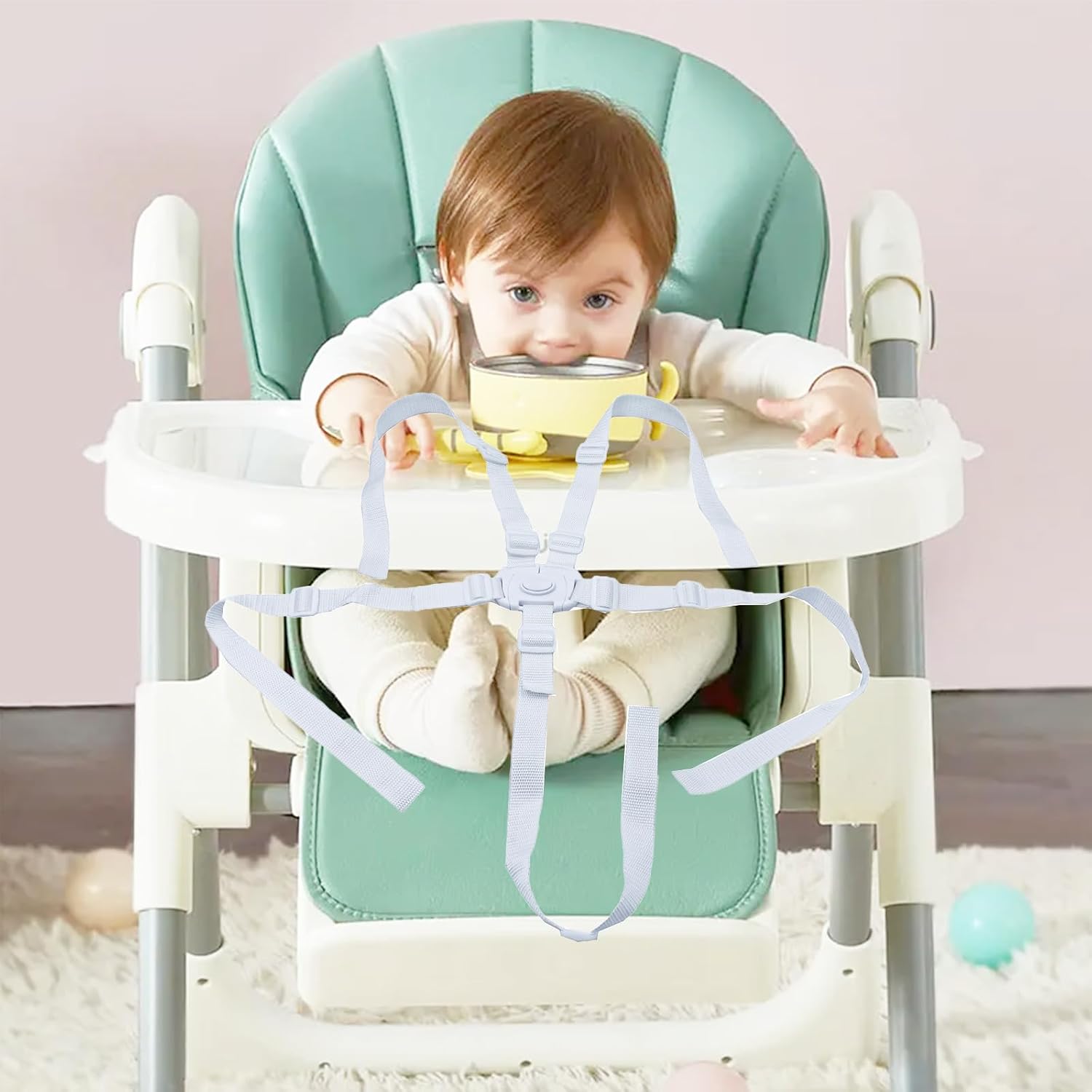 Universal White 5 Point Harness Baby Seat Harness Strap for Child Kid, Adjustable Harness Strap for High Chair and Pushchair, Stroller Harness