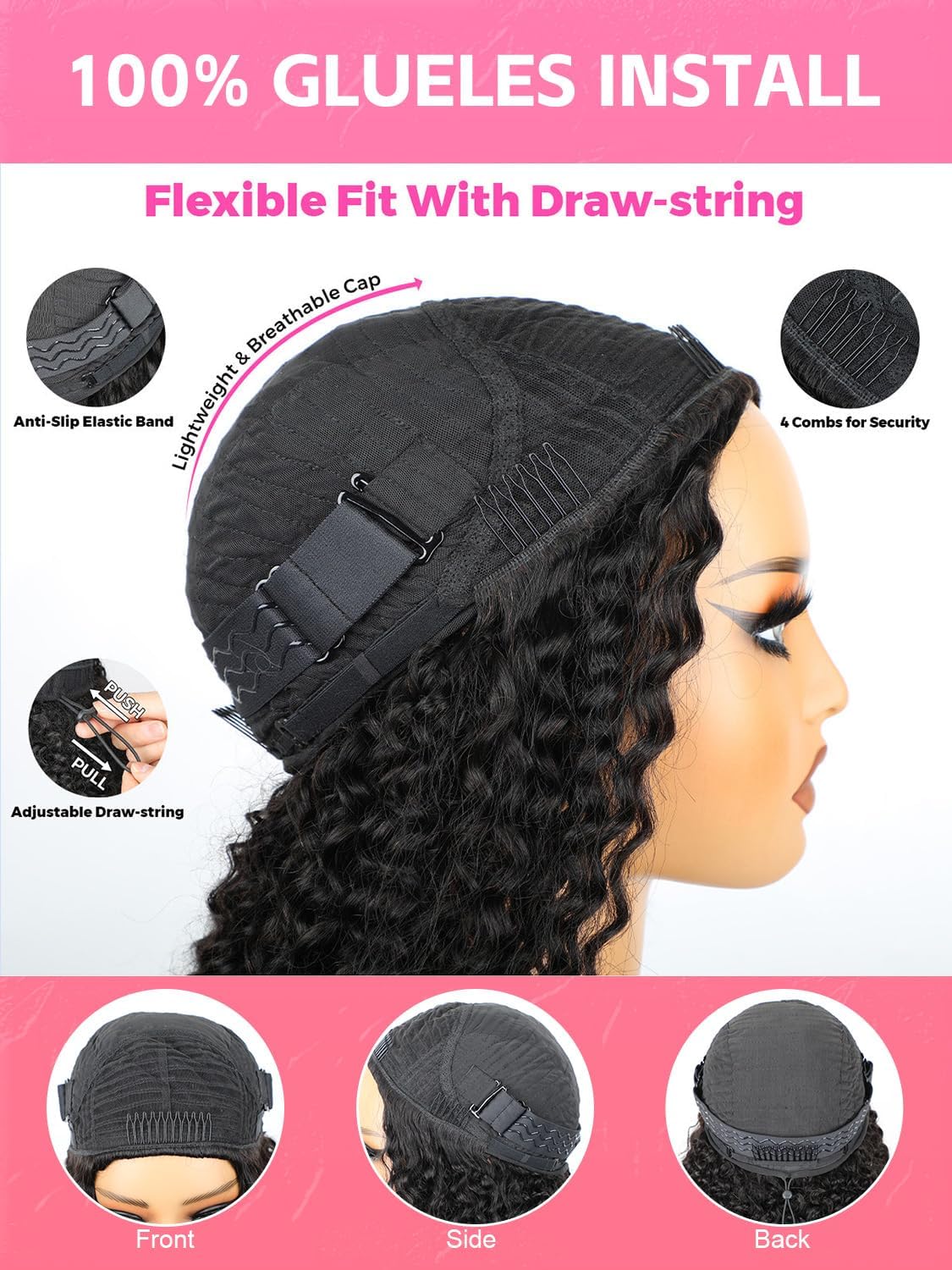 16 InchCurly Half Wig Human Hair 180 Density 3 In 1 Seamless Flip Over Half Wigs Beginner Friendly Glueless Wear and Go Kinky Curly Wig Human Hair Drawstring Headband Wig for Women - Image 4