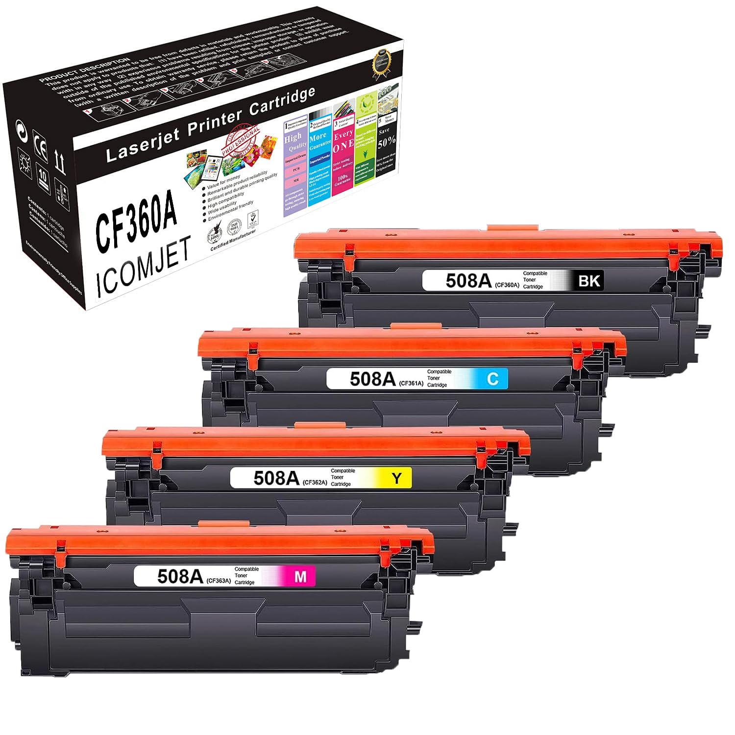 ICOMJET Compatible Toner Cartridge Replacement for HP 508A CF360A Work for HP Color LaserJet M577z M577dn M577f M577c M553dn M553dh M553x M553n M552dn printer (4pack)