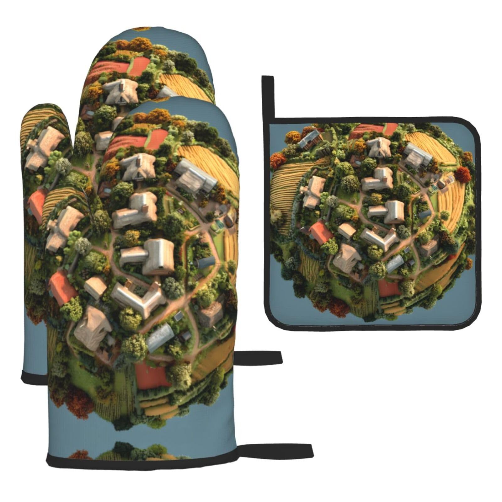 Wheat Field Planet Printed Oven Mitt Set 3-Piece | Heat Resistant Gloves & Pot Holder Mat for Cooking, Baking & BBQ