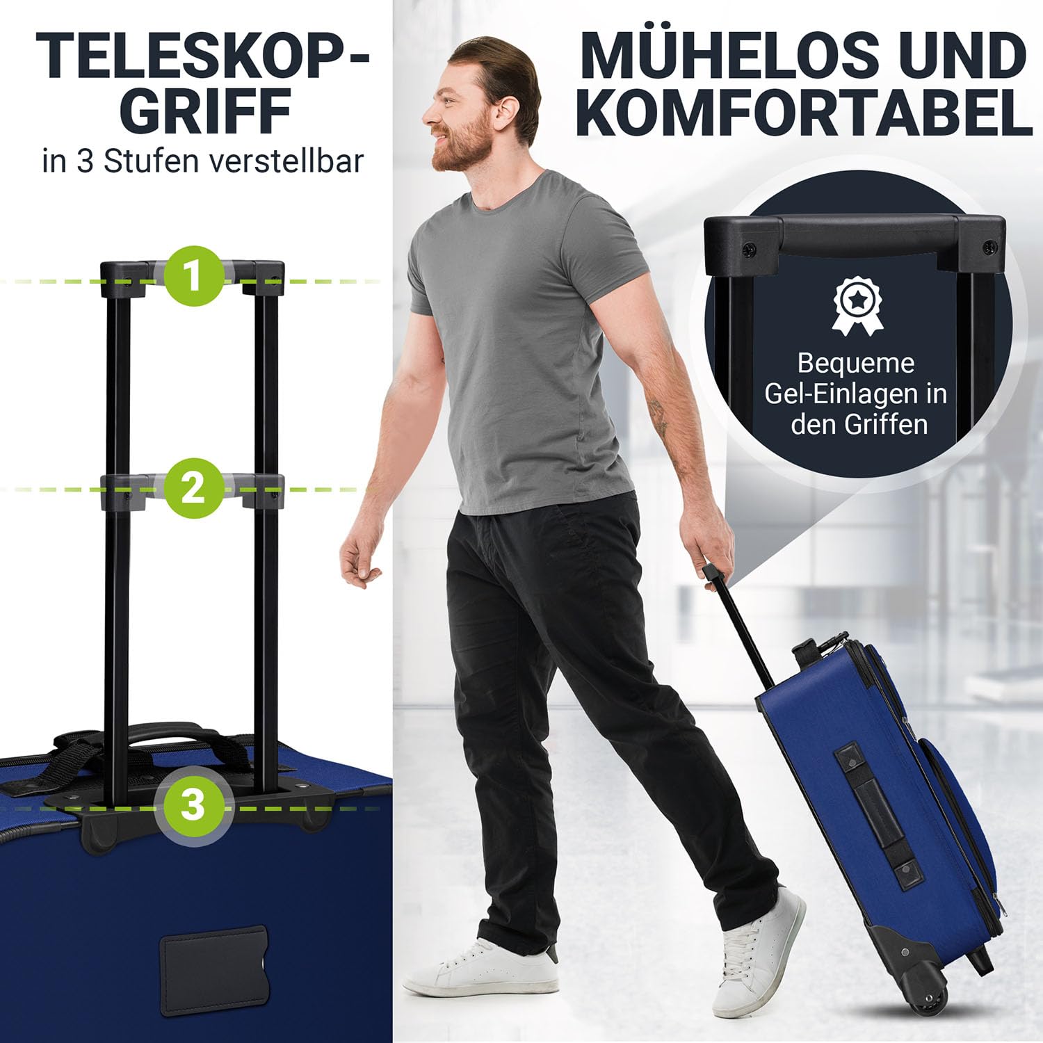 Juskys Trolley - Maletín de viaje (5 piezas, 60 y 34 litros, 2 ruedas, funda suave, tela impermeable, mango telescópico, equipaje de mano, 2 maletas), azul, 5-teilig, Juego de maletas