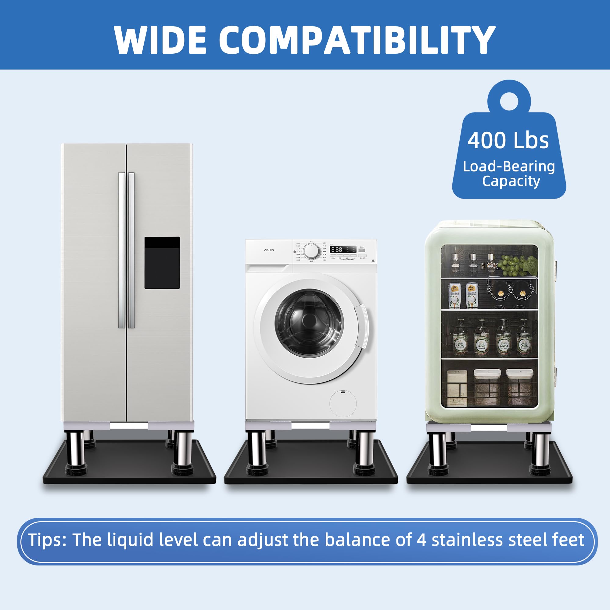 Mini soporte para refrigerador con alfombrilla de silicona, soporte ajustable para refrigerador con 4 pies de acero inoxidable, soporte de refrigerador de 24 x 24 pulgadas, protege de fugas de 4